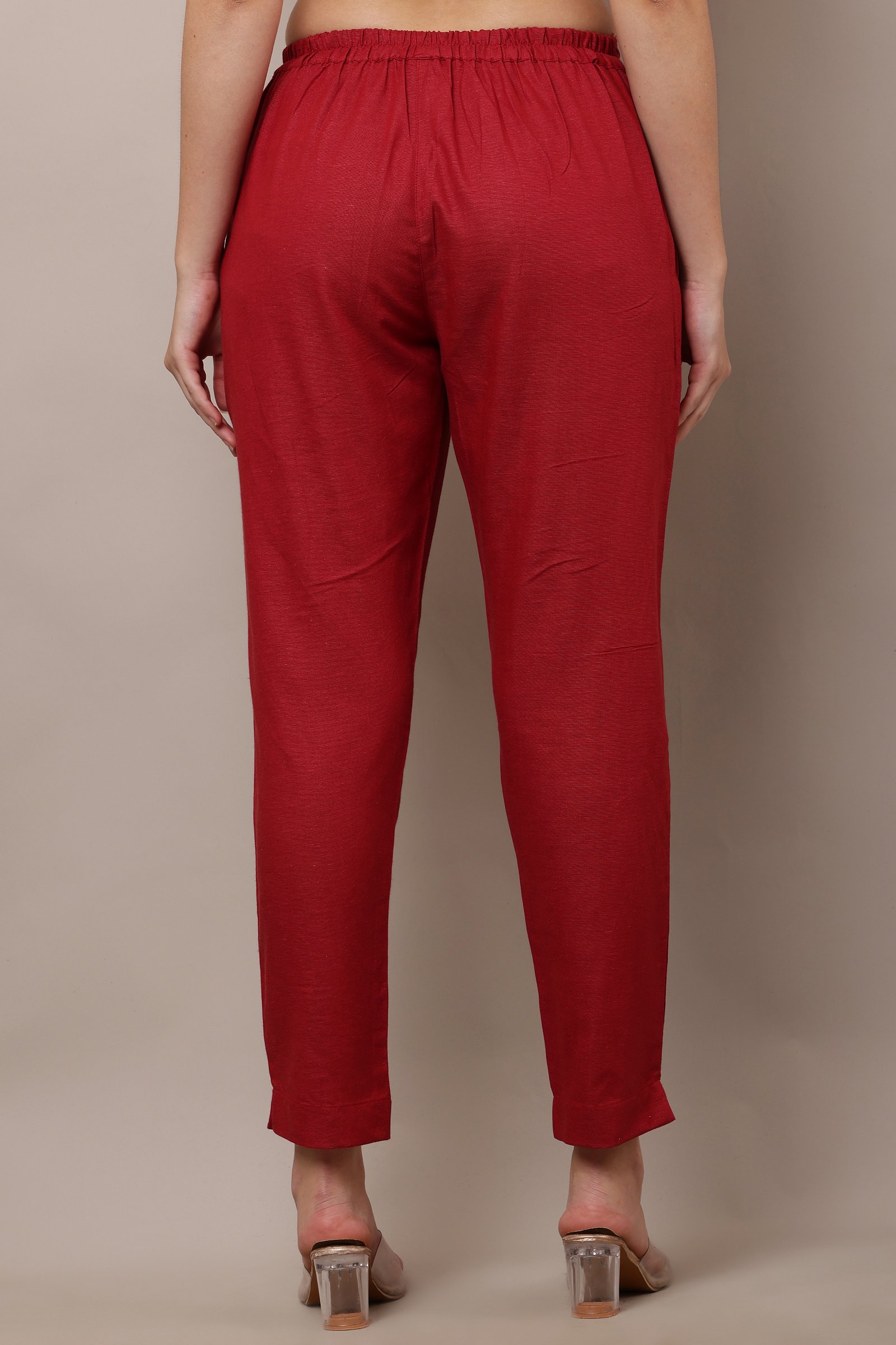 Women's Red Cotton Linen Pants, Trouser