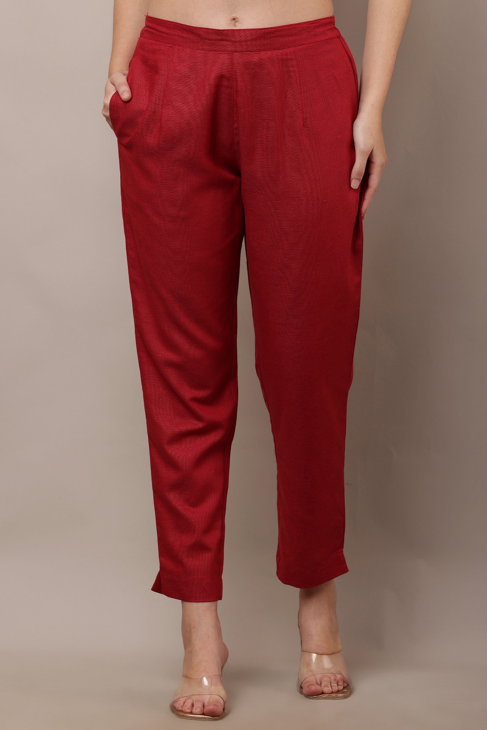 Women's Red Cotton Linen Pants, Trouser