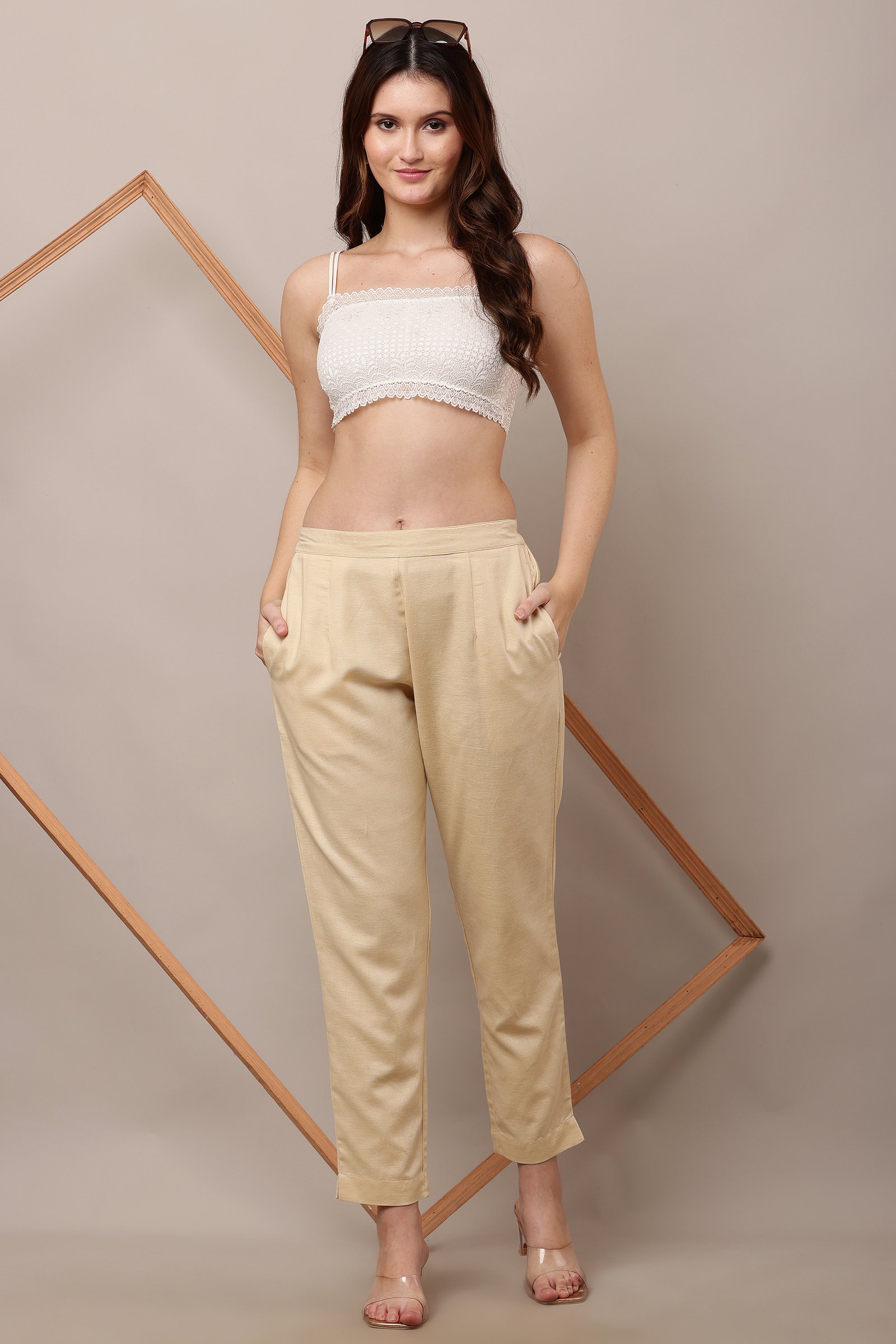 Women's Beige Cotton Linen Pants,Trouser