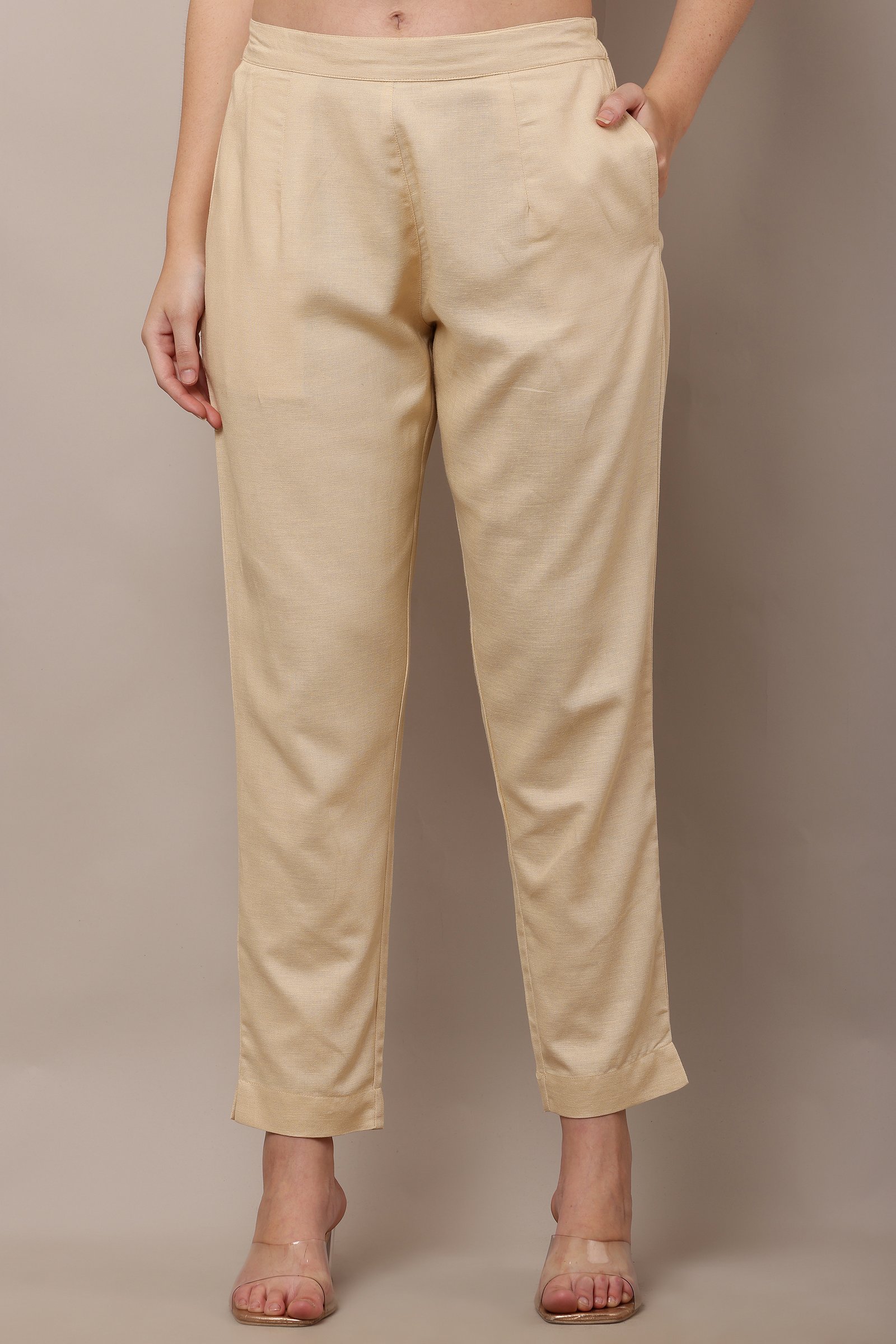 Women's Beige Cotton Linen Pants,Trouser