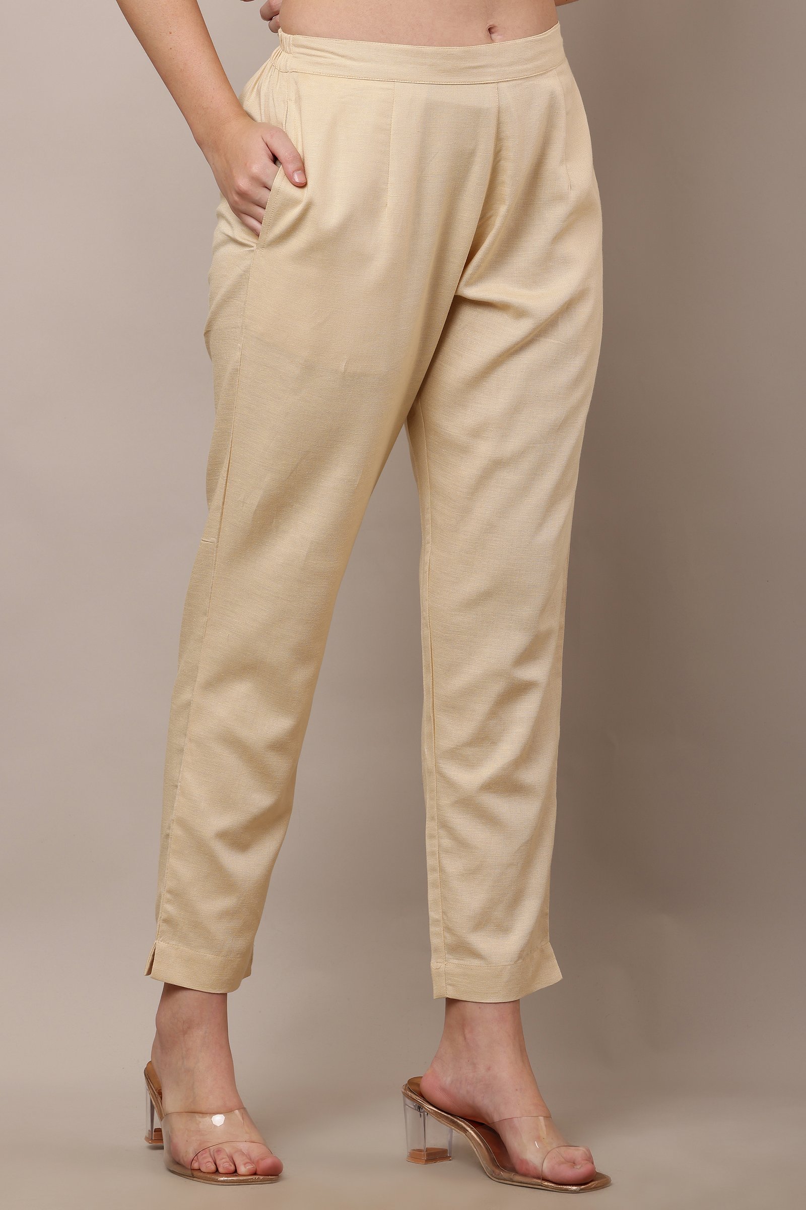 Women's Beige Cotton Linen Pants,Trouser