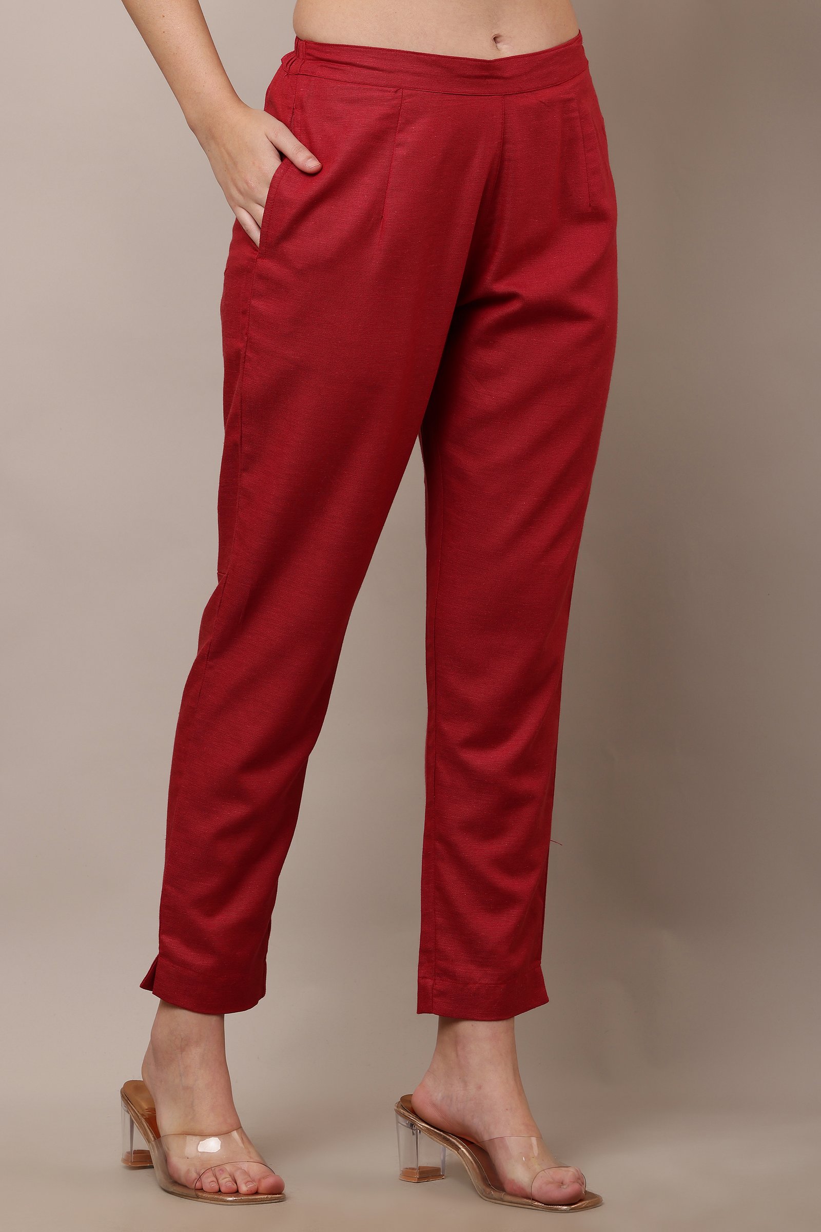 Women's Red Cotton Linen Pants, Trouser