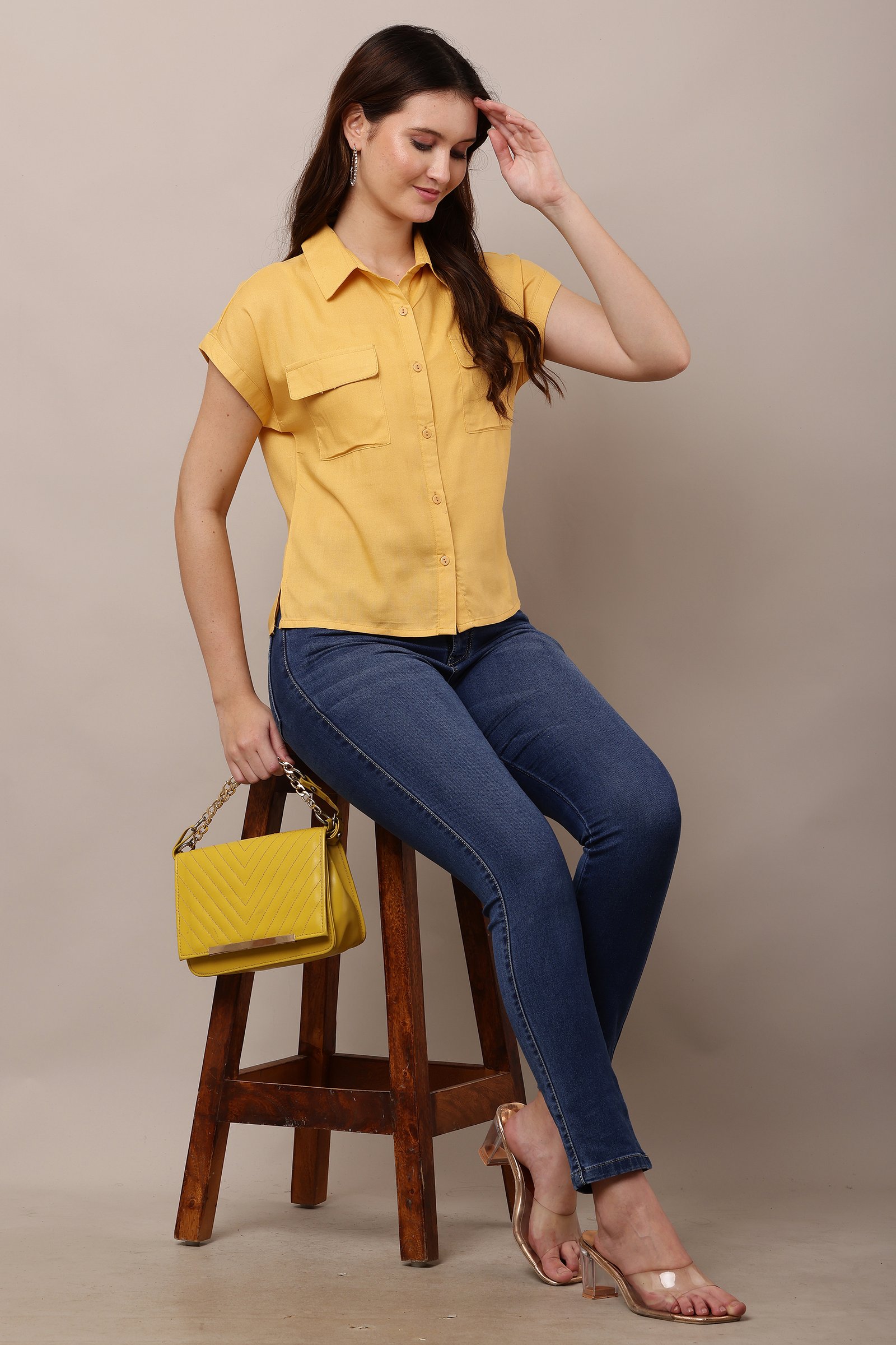 Women's Yellow  Half Sleeve Top