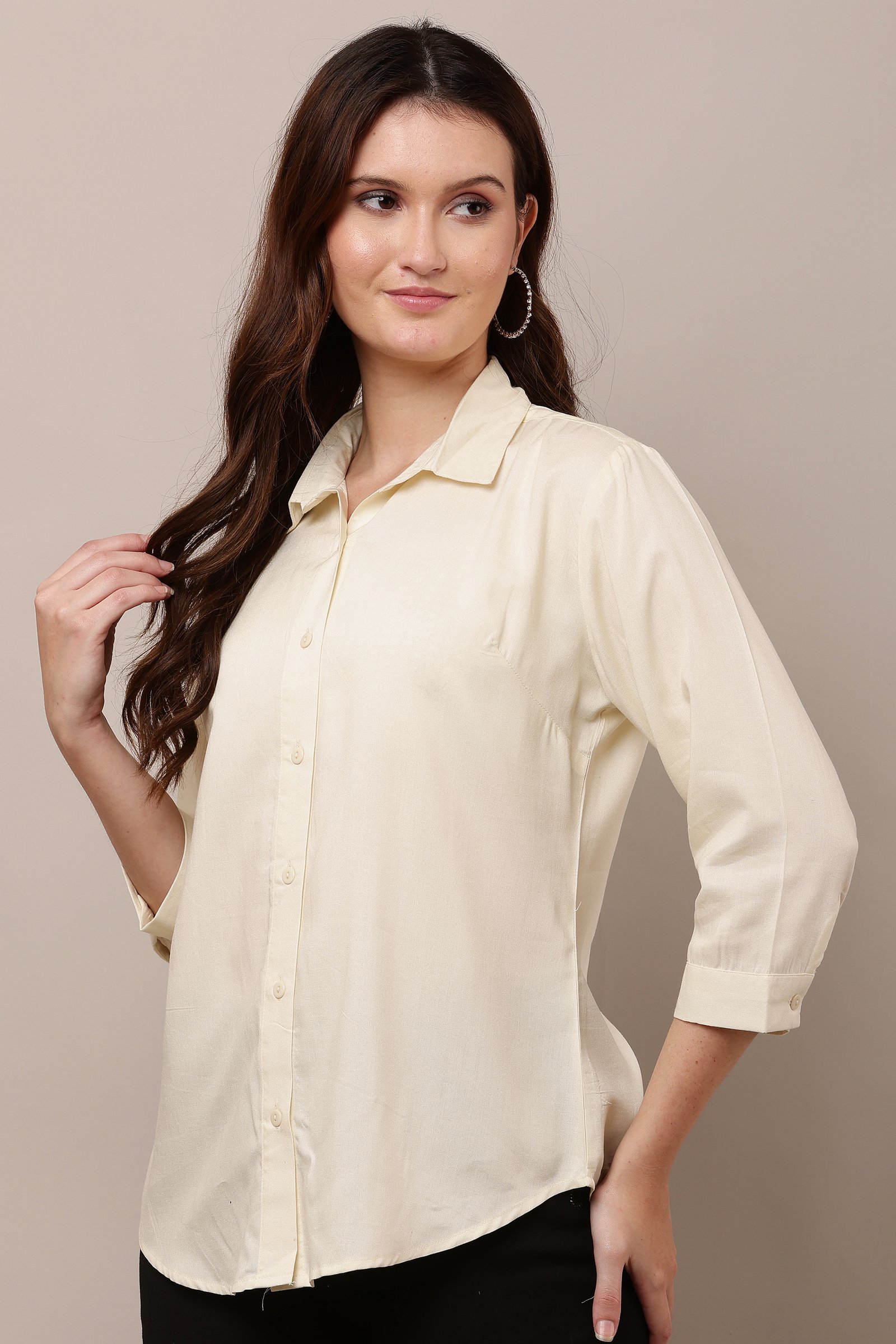 Women's Casual White  Cotton Rayon Solid Shirt 
