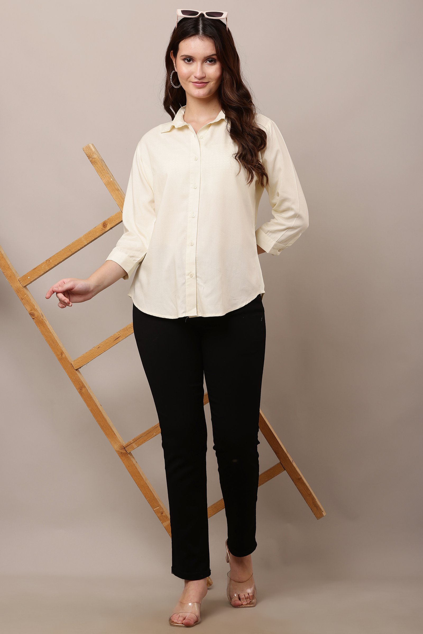 Women's Casual White  Cotton Rayon Solid Shirt 