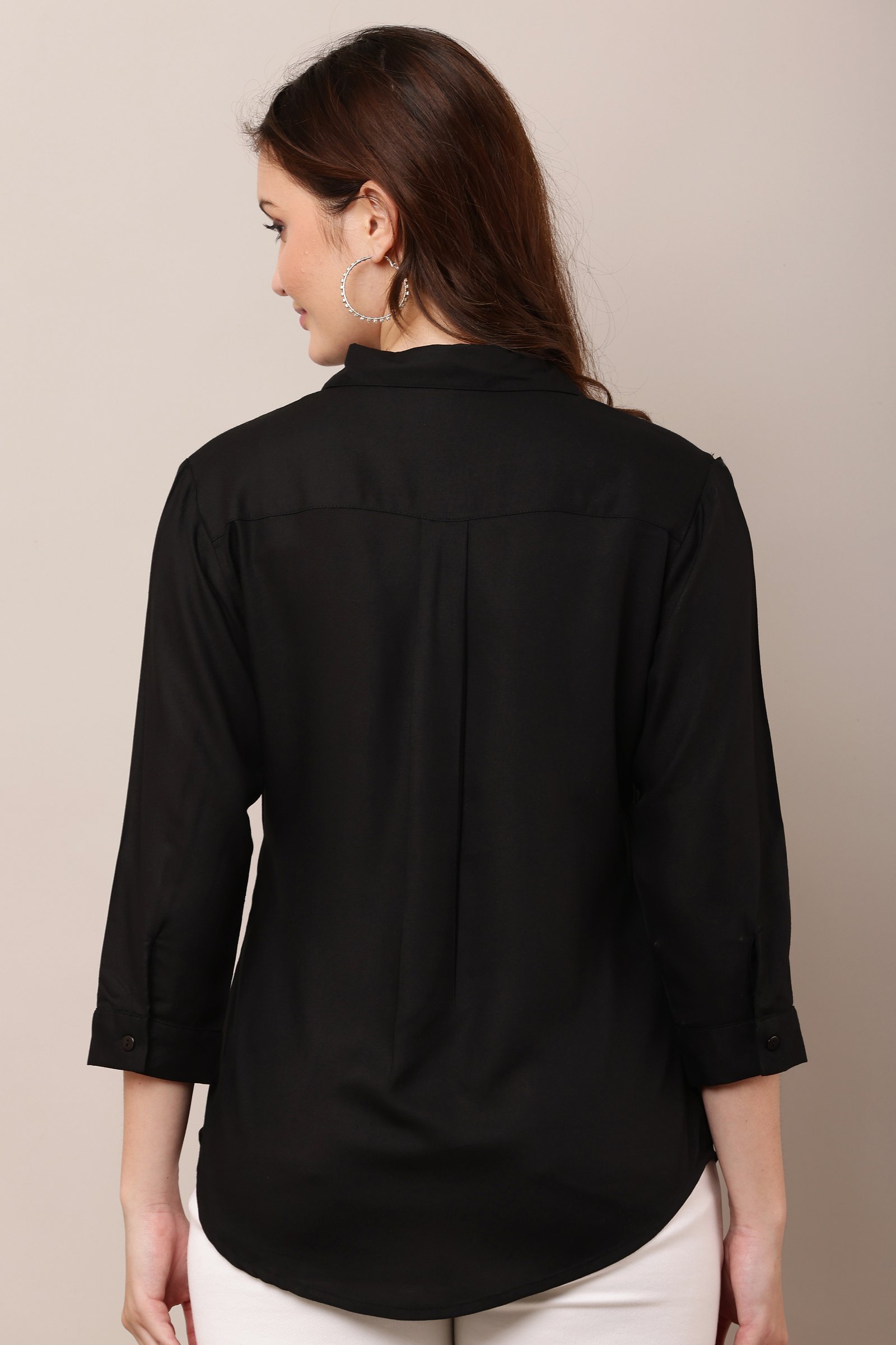  Women's Casual Black  Cotton Rayon Solid Shirt
