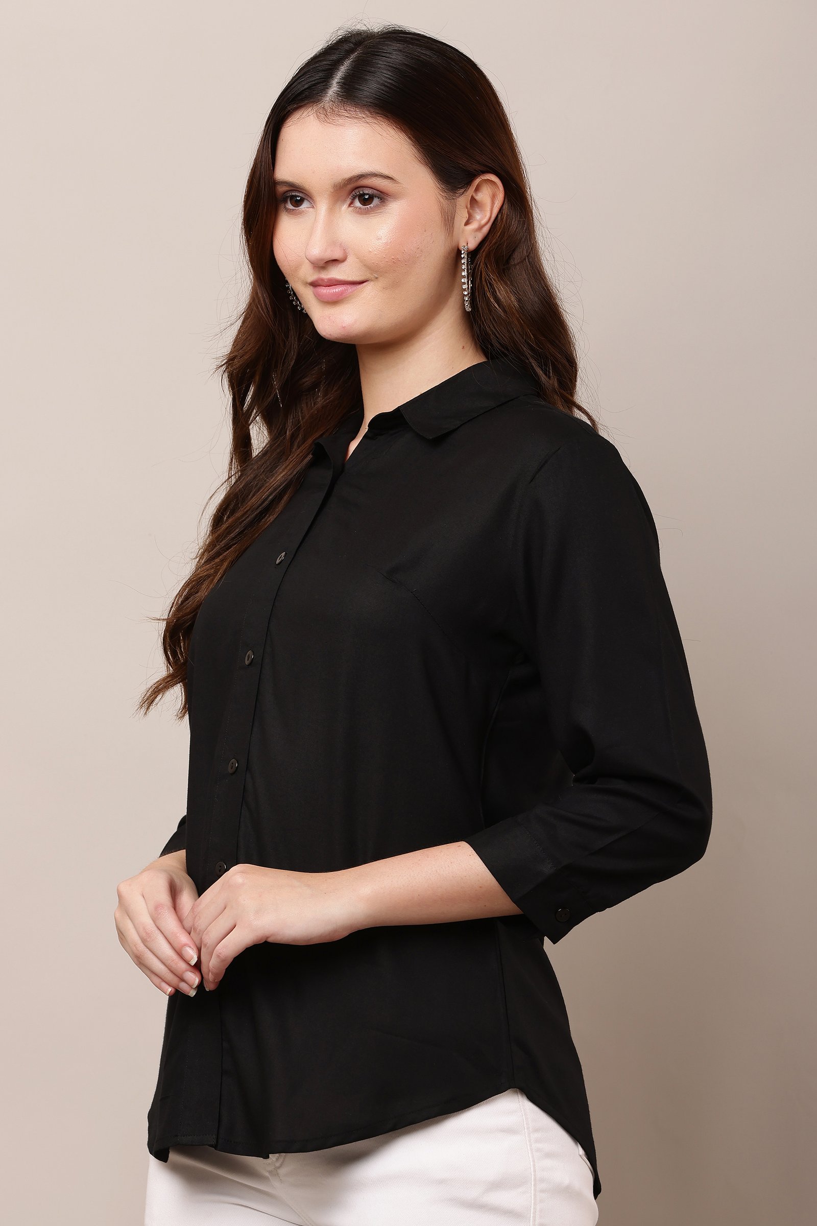 Women's Casual Black  Cotton Rayon Solid Shirt