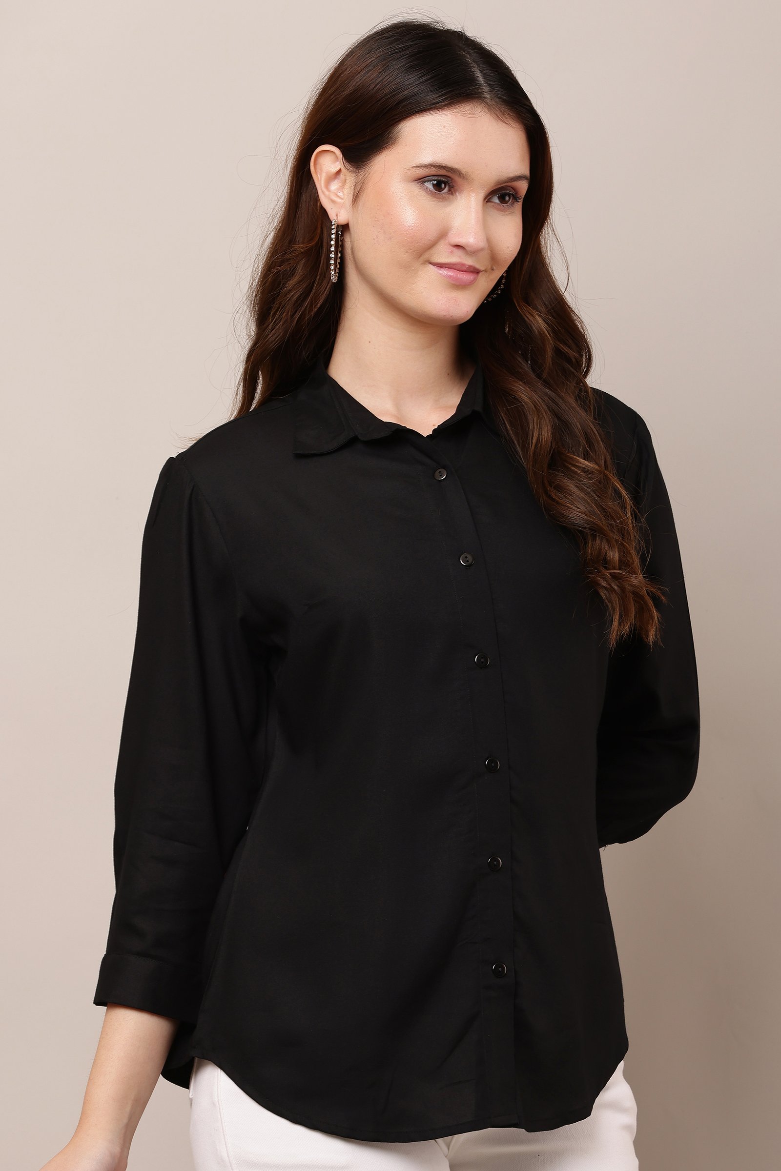  Women's Casual Black  Cotton Rayon Solid Shirt