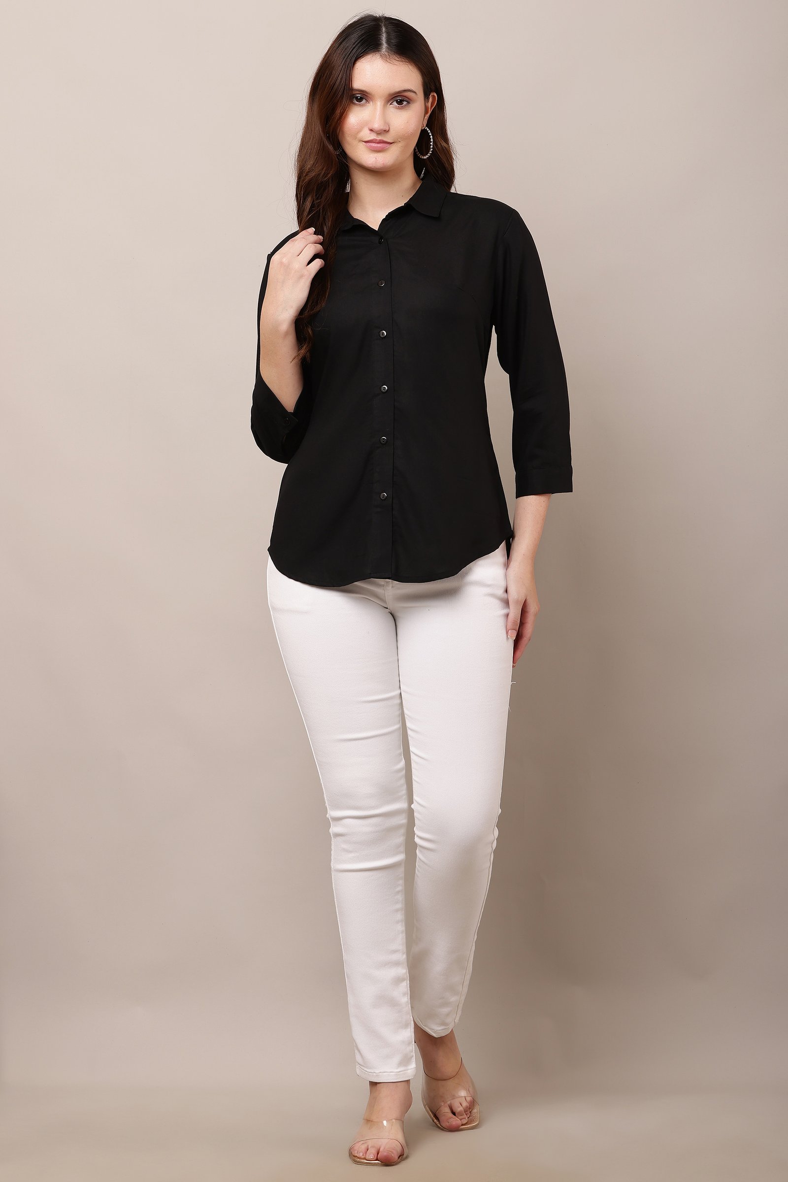  Women's Casual Black  Cotton Rayon Solid Shirt