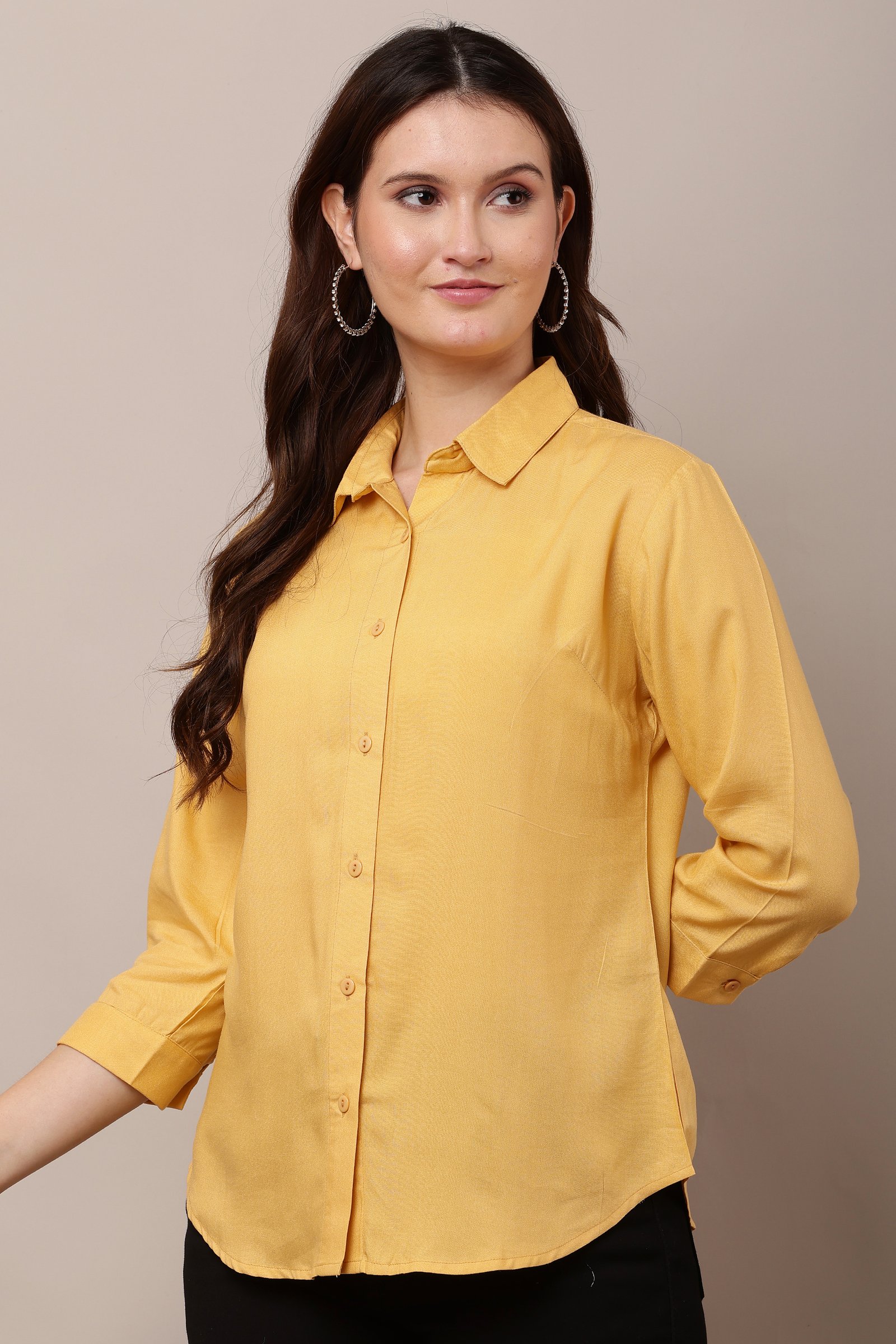  Women's Yellow Casual Cotton Rayon Solid Shirt