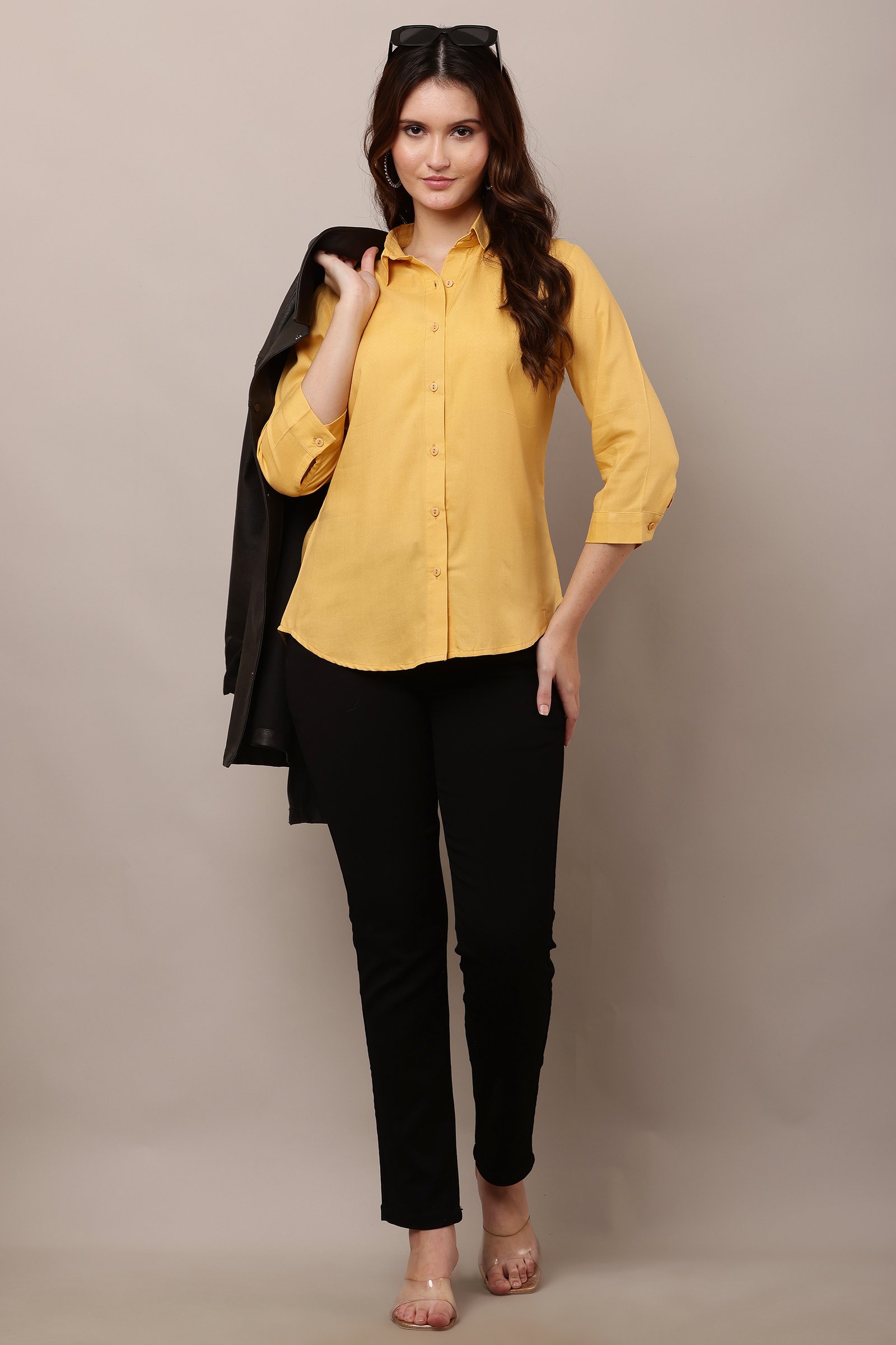  Women's Yellow Casual Cotton Rayon Solid Shirt