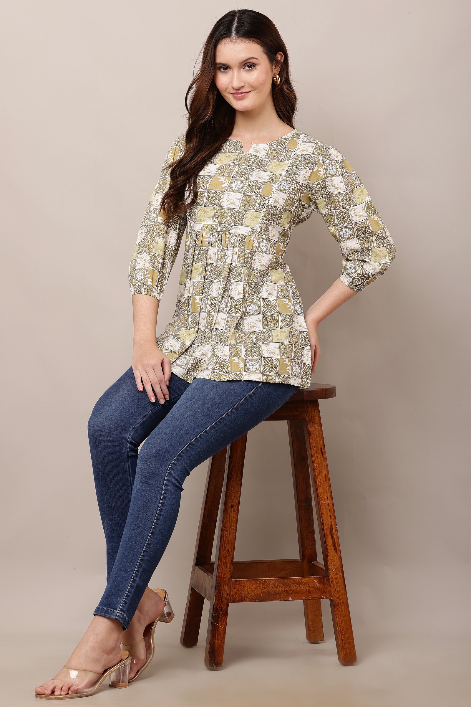 Women’s Stylish Printed Cotton Rayon Top Green