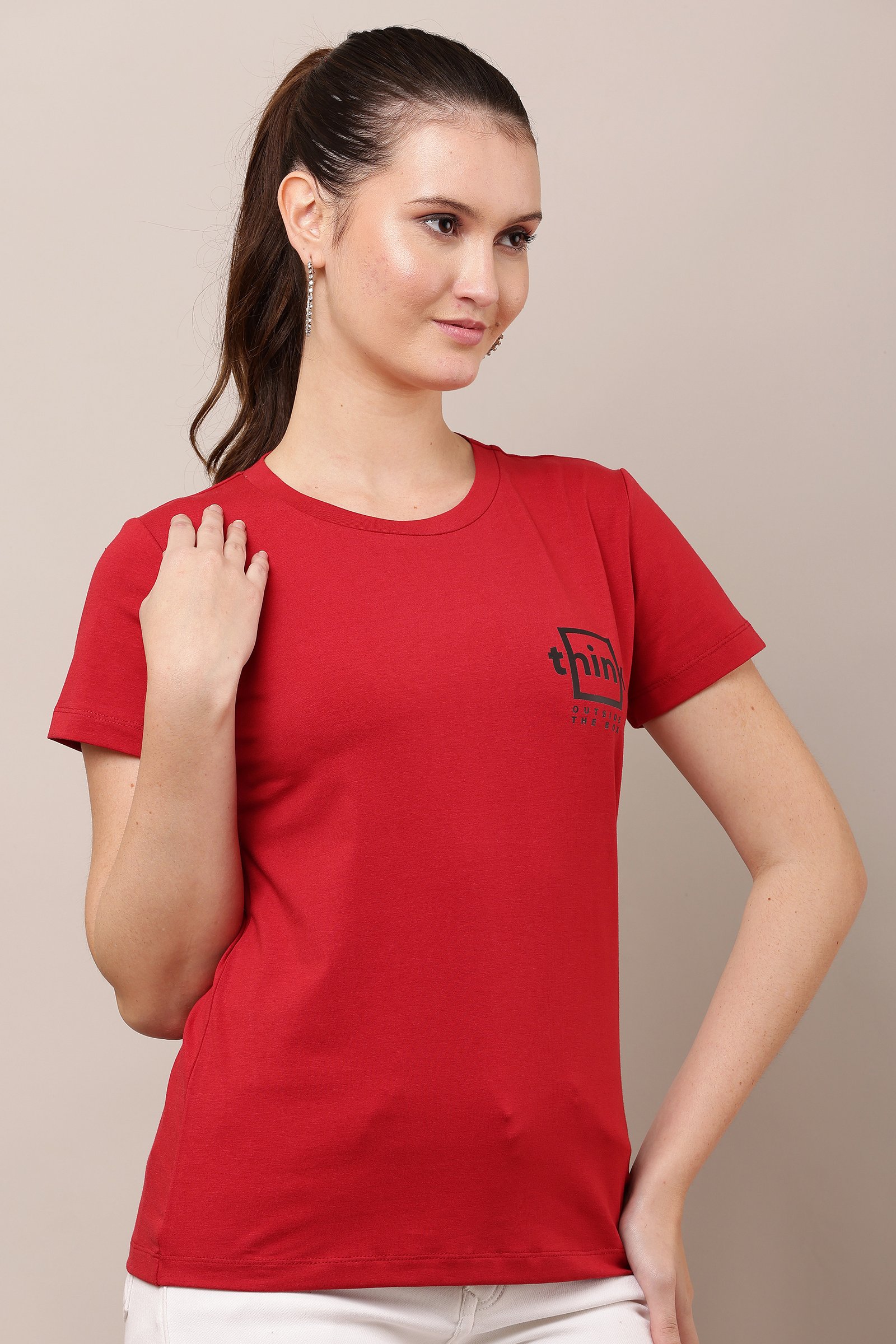 Women's Cotton red Lycra 4-Way Stretch T-Shirt MAROON