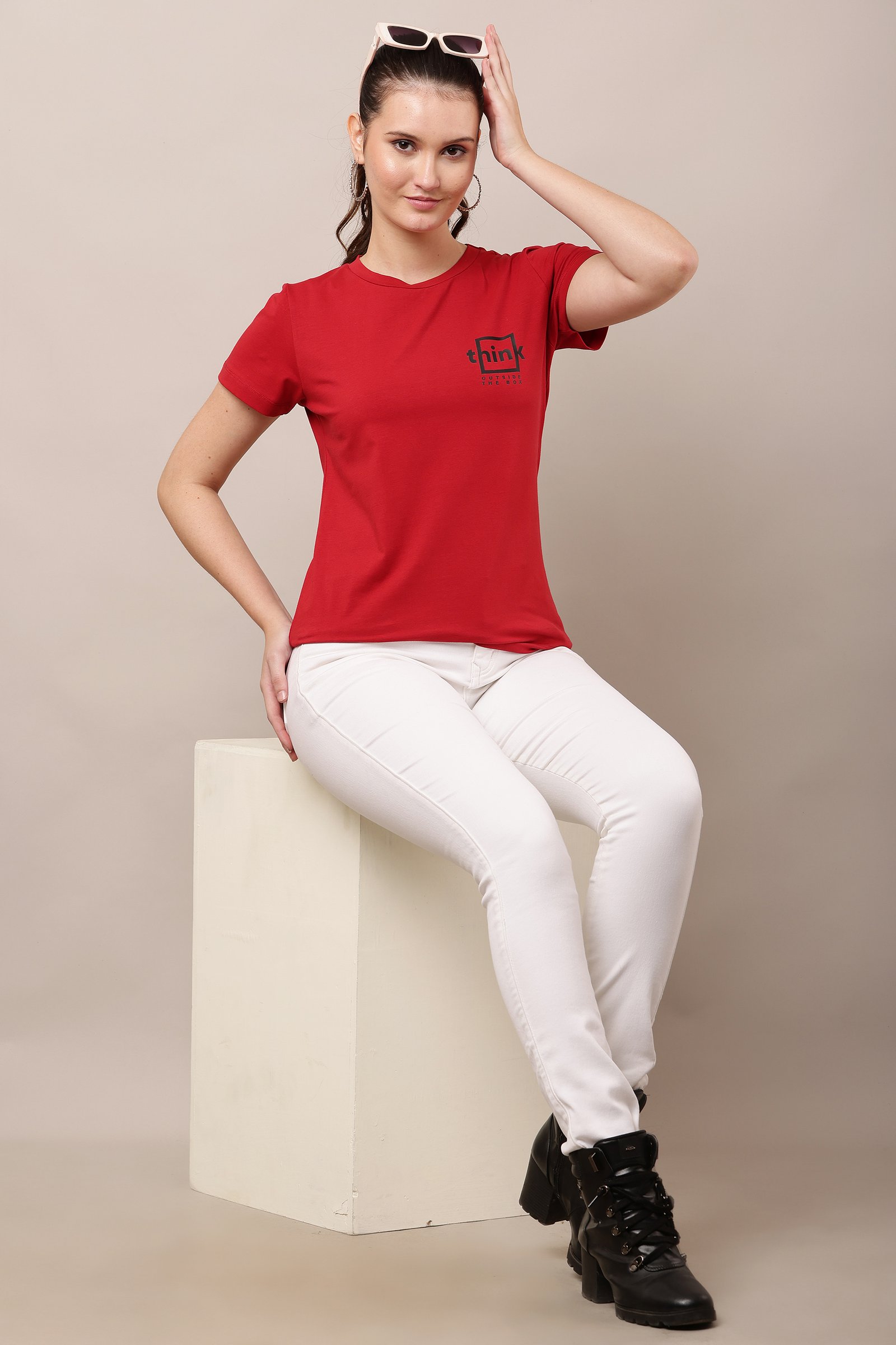 Women's Cotton red Lycra 4-Way Stretch T-Shirt MAROON