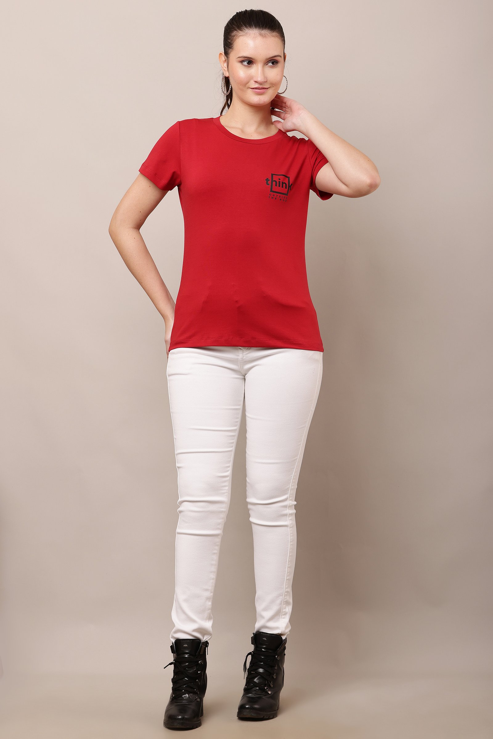 Women's Cotton red Lycra 4-Way Stretch T-Shirt MAROON