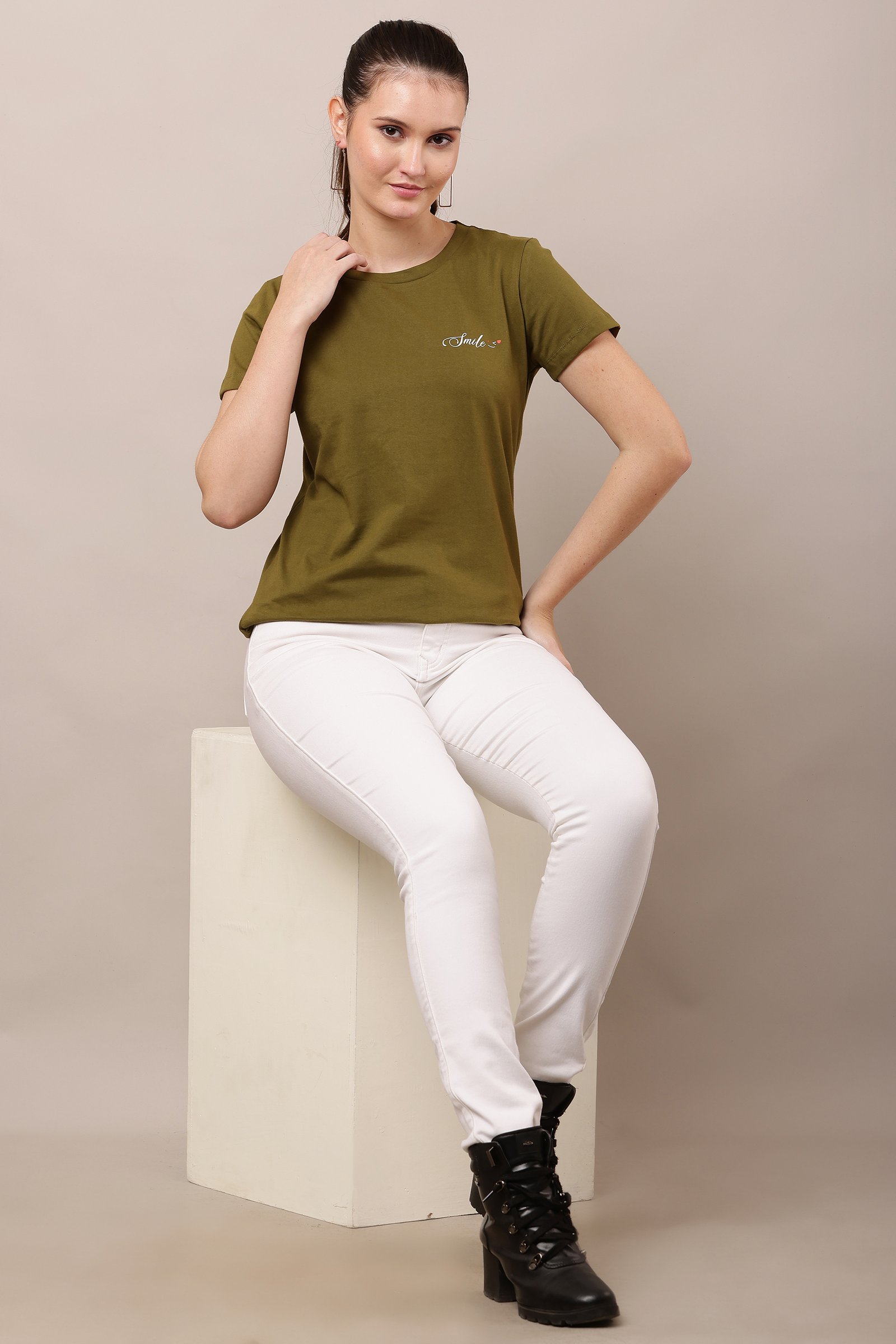 Women's Cotton green Lycra 4-Way Stretch T-Shirt GREEN