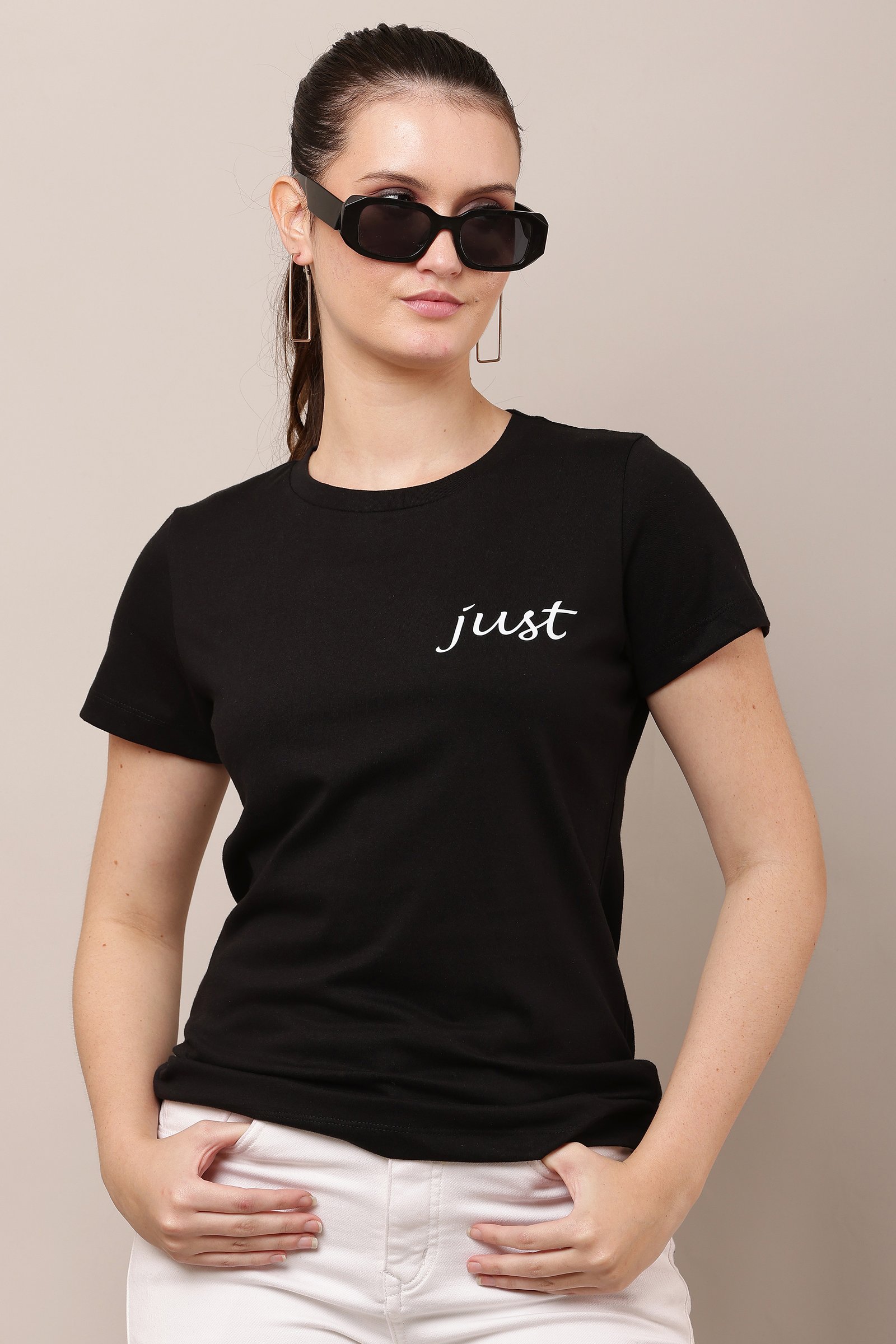 Women's Cotton black Lycra 4-Way Stretch T-Shirt BLACK