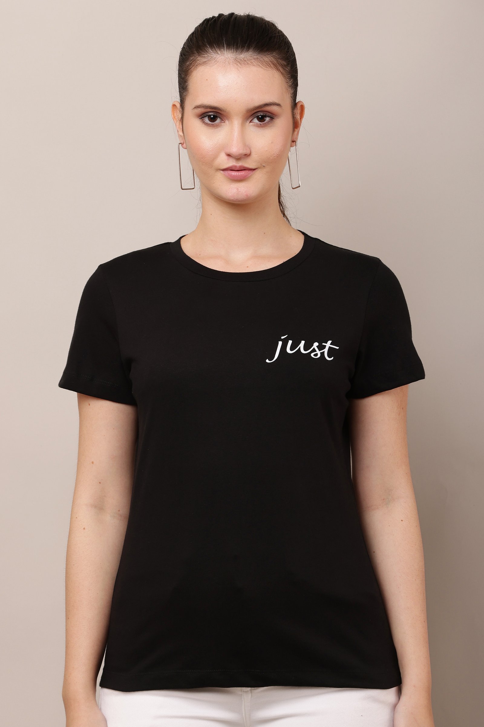 Women's Cotton black Lycra 4-Way Stretch T-Shirt BLACK