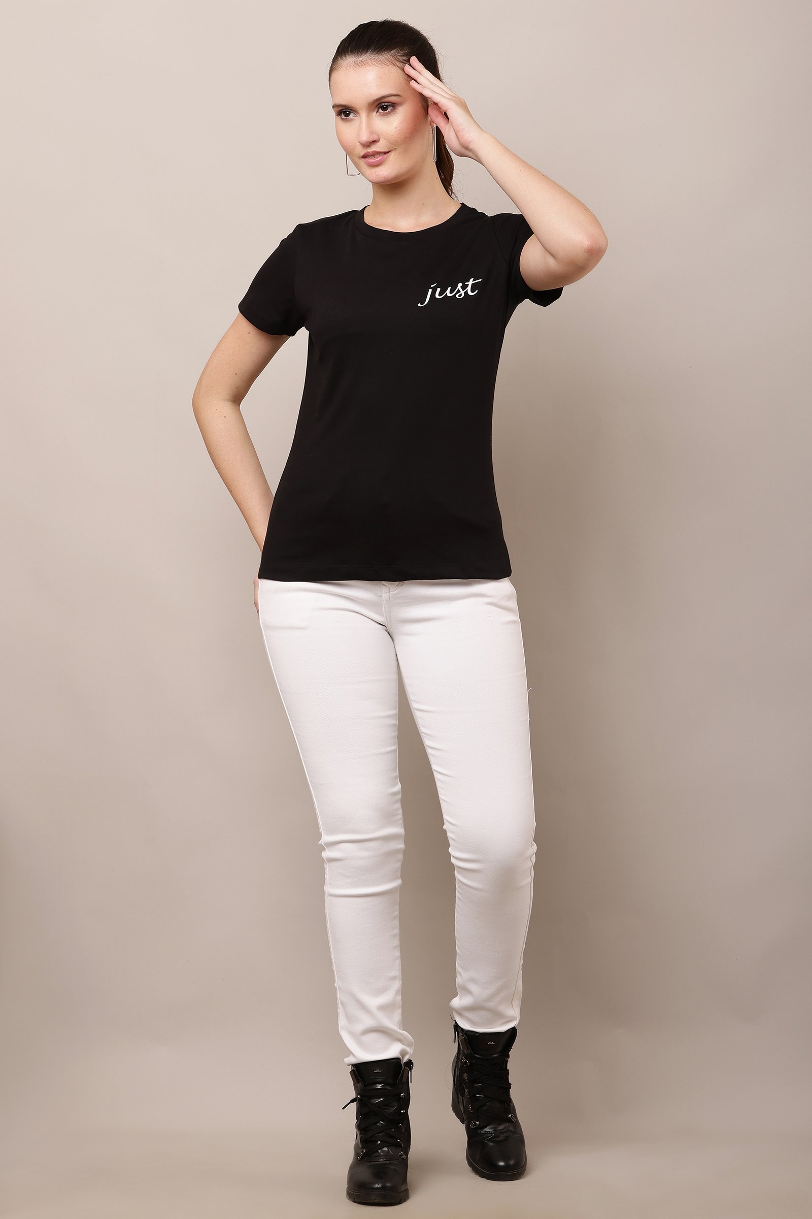 Women's Cotton black Lycra 4-Way Stretch T-Shirt BLACK