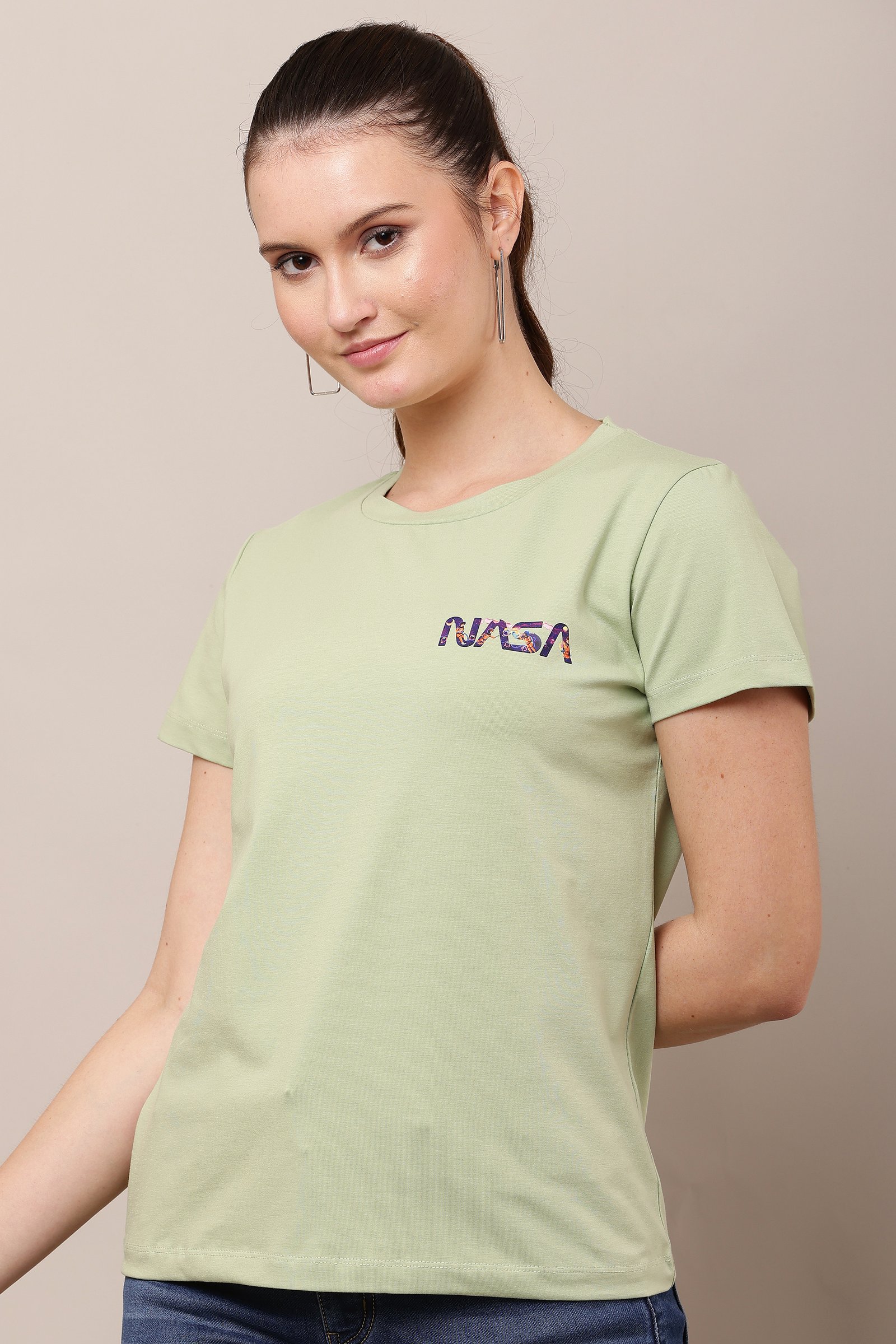 Women's Cotton light green Lycra 4-Way Stretch T-Shirt LIGHT GREEN