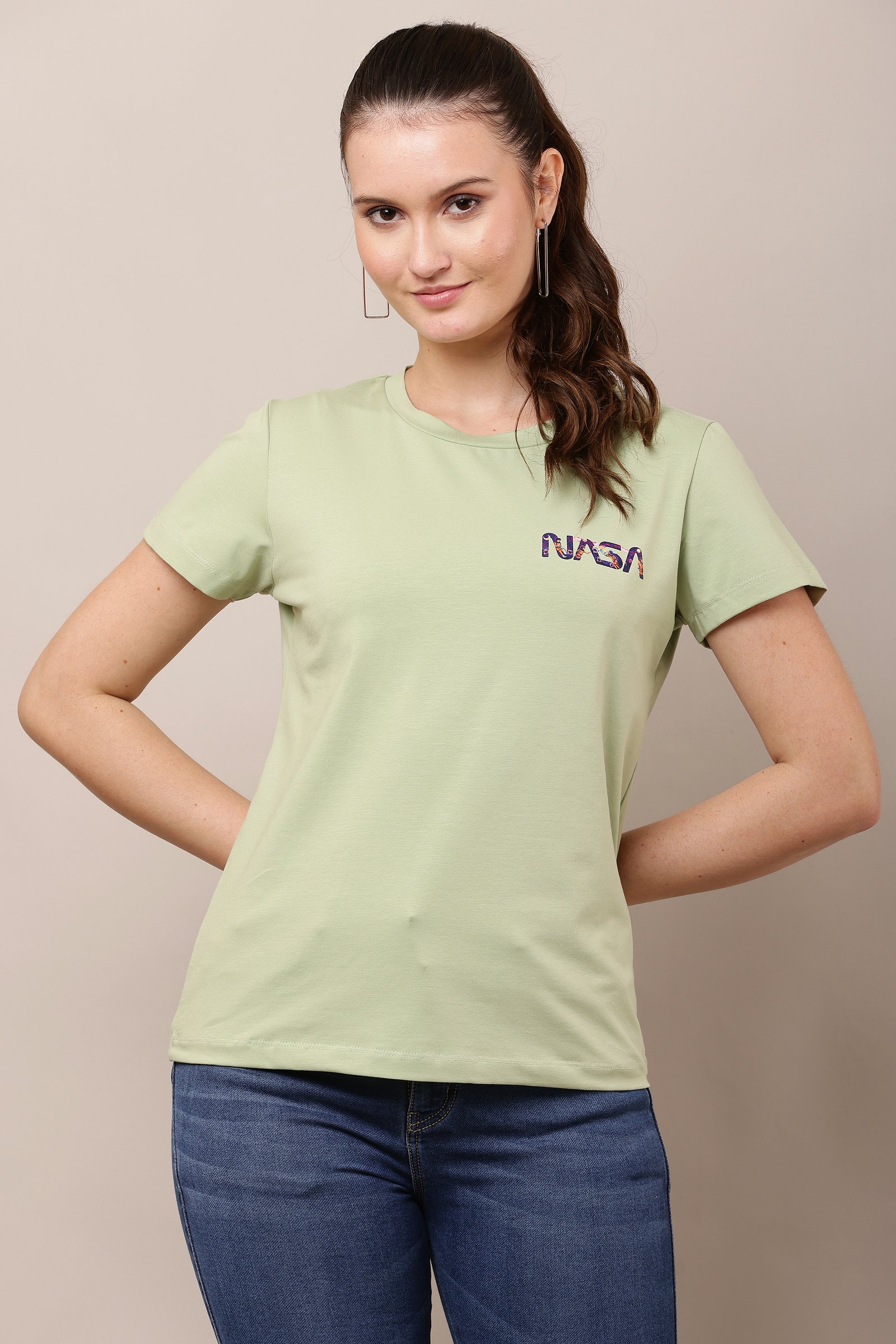 Women's Cotton light green Lycra 4-Way Stretch T-Shirt LIGHT GREEN