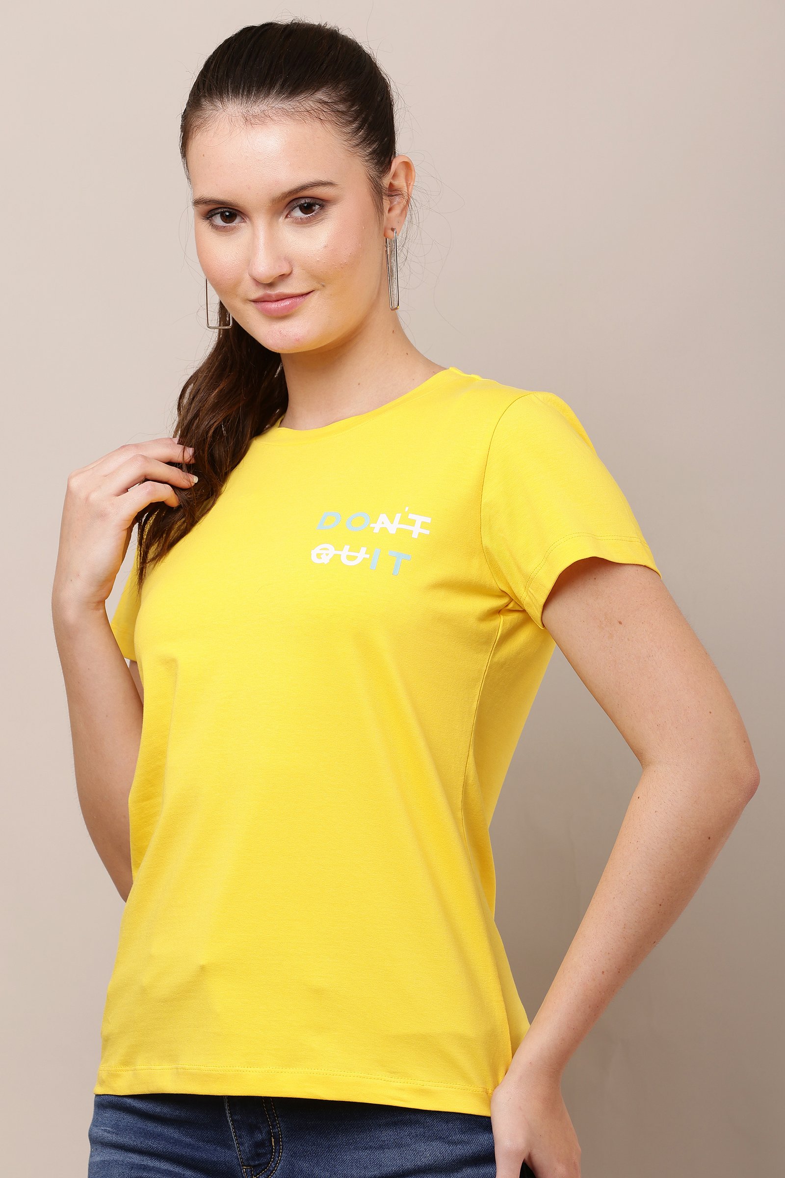 Women's Cotton yellow Lycra 4-Way Stretch T-Shirt YELLOW