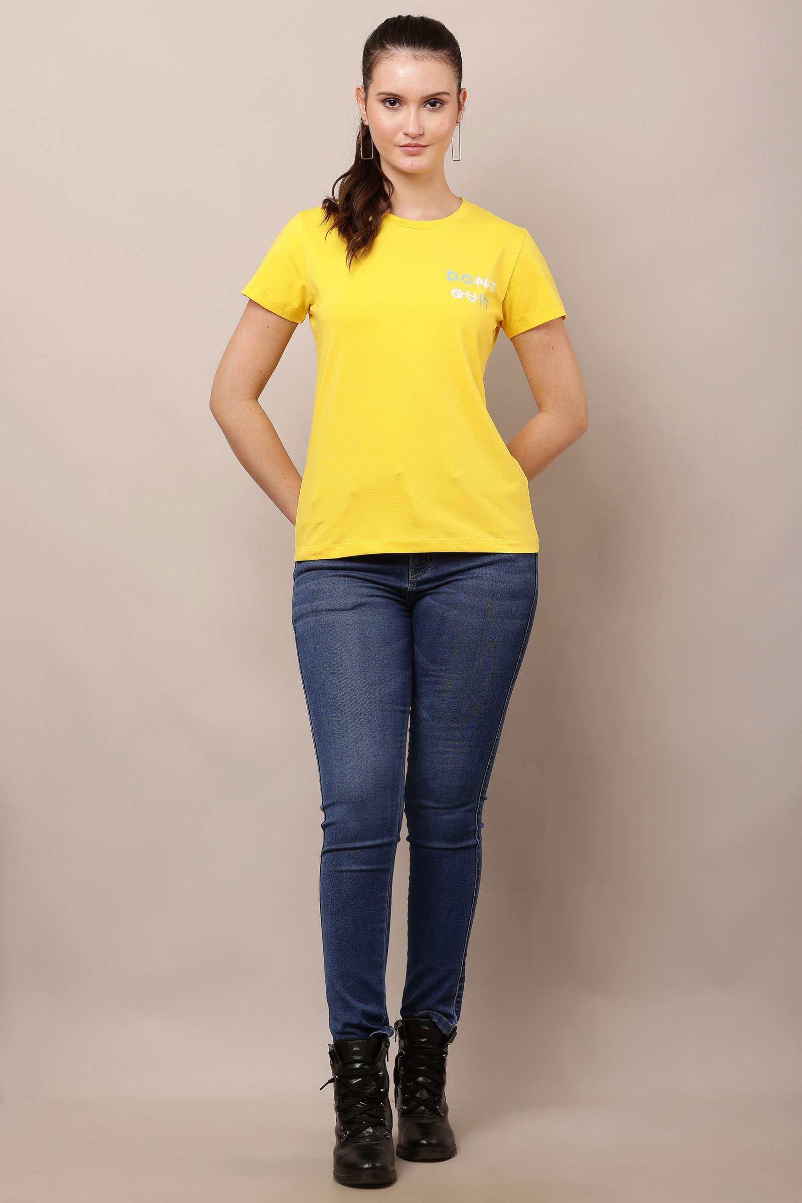 Women's Cotton yellow Lycra 4-Way Stretch T-Shirt YELLOW