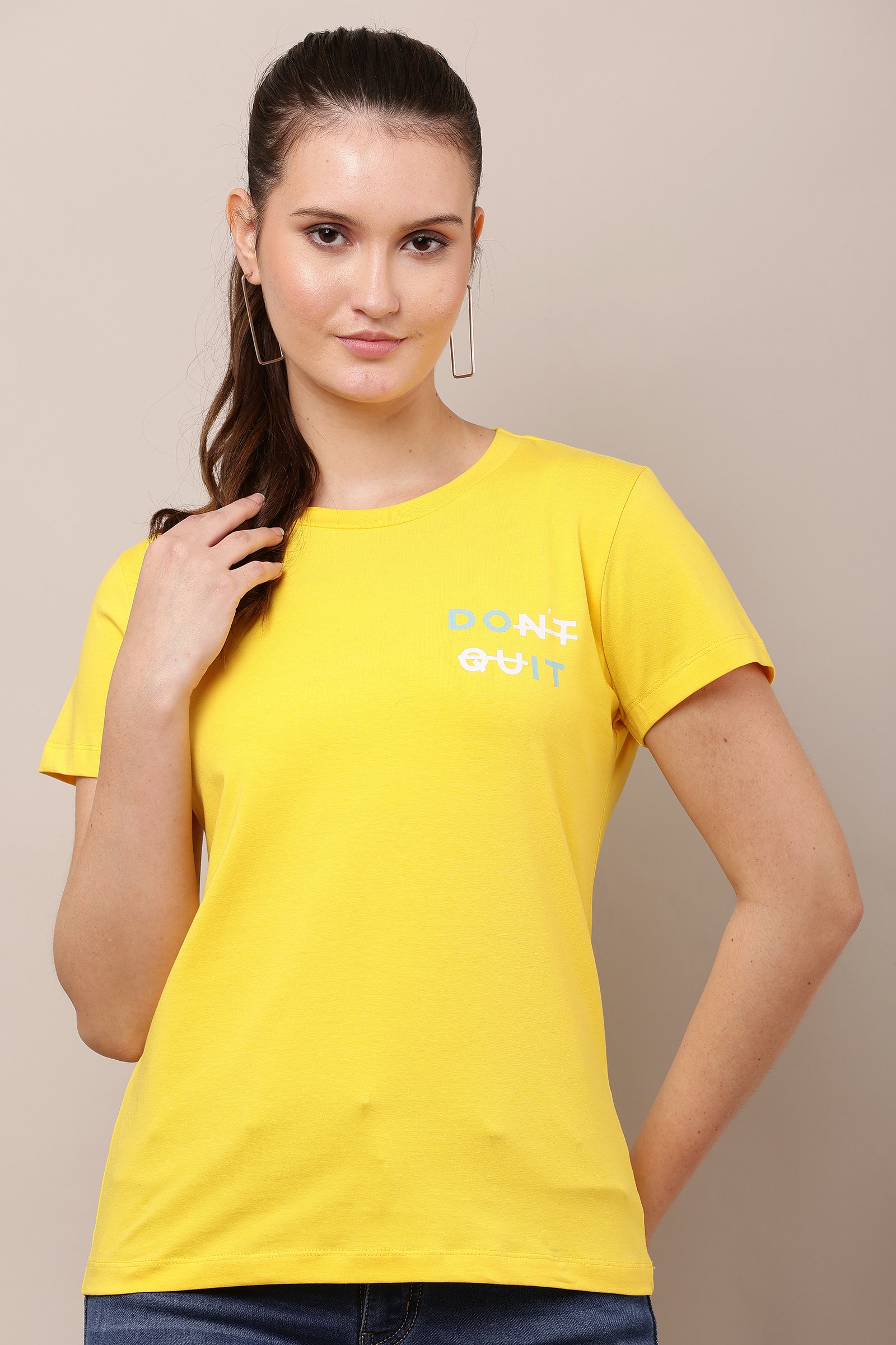 Women's Cotton yellow Lycra 4-Way Stretch T-Shirt YELLOW