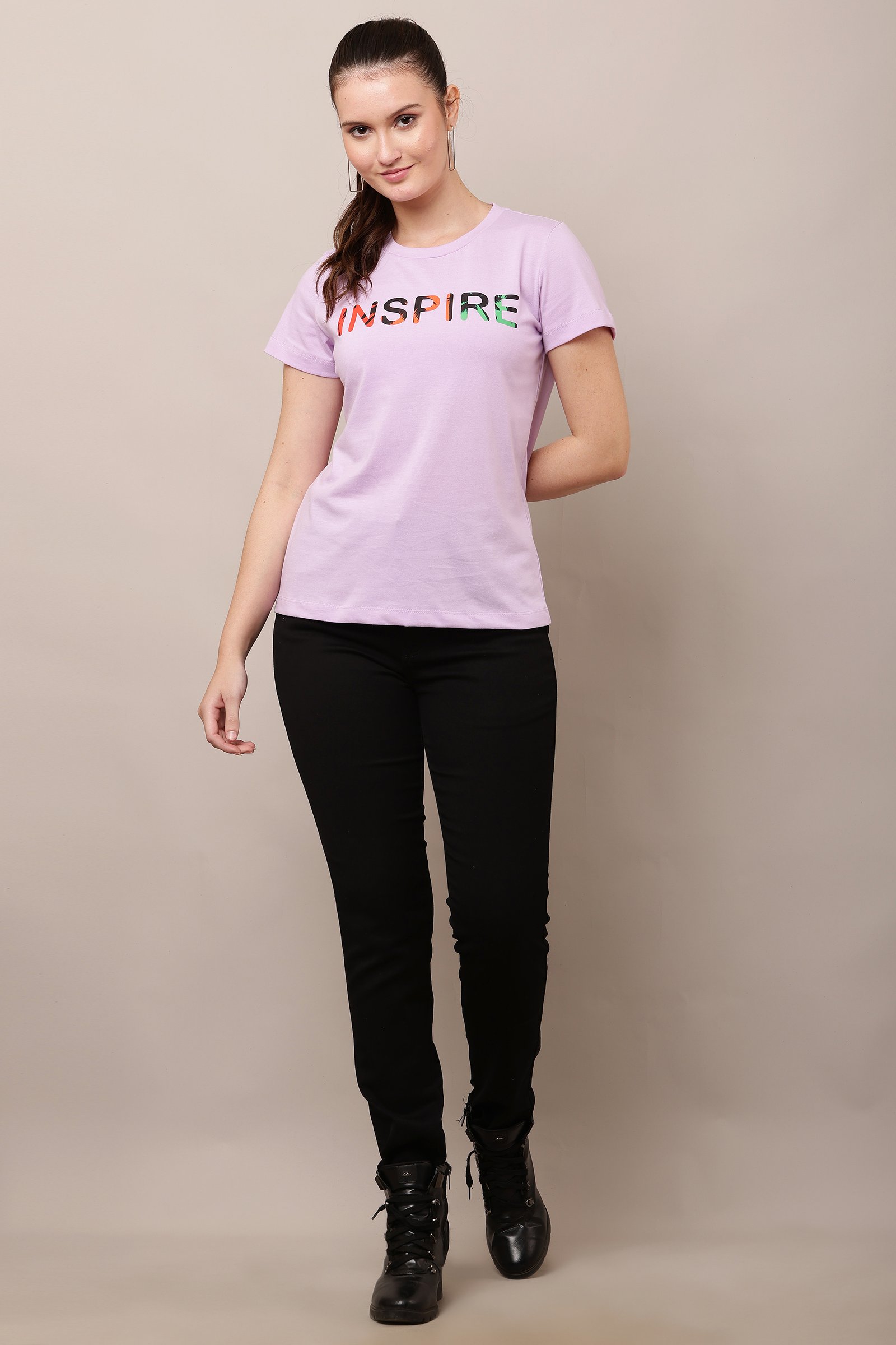 Women's Cotton lavender Lycra 4-Way Stretch T-Shirt Lavender