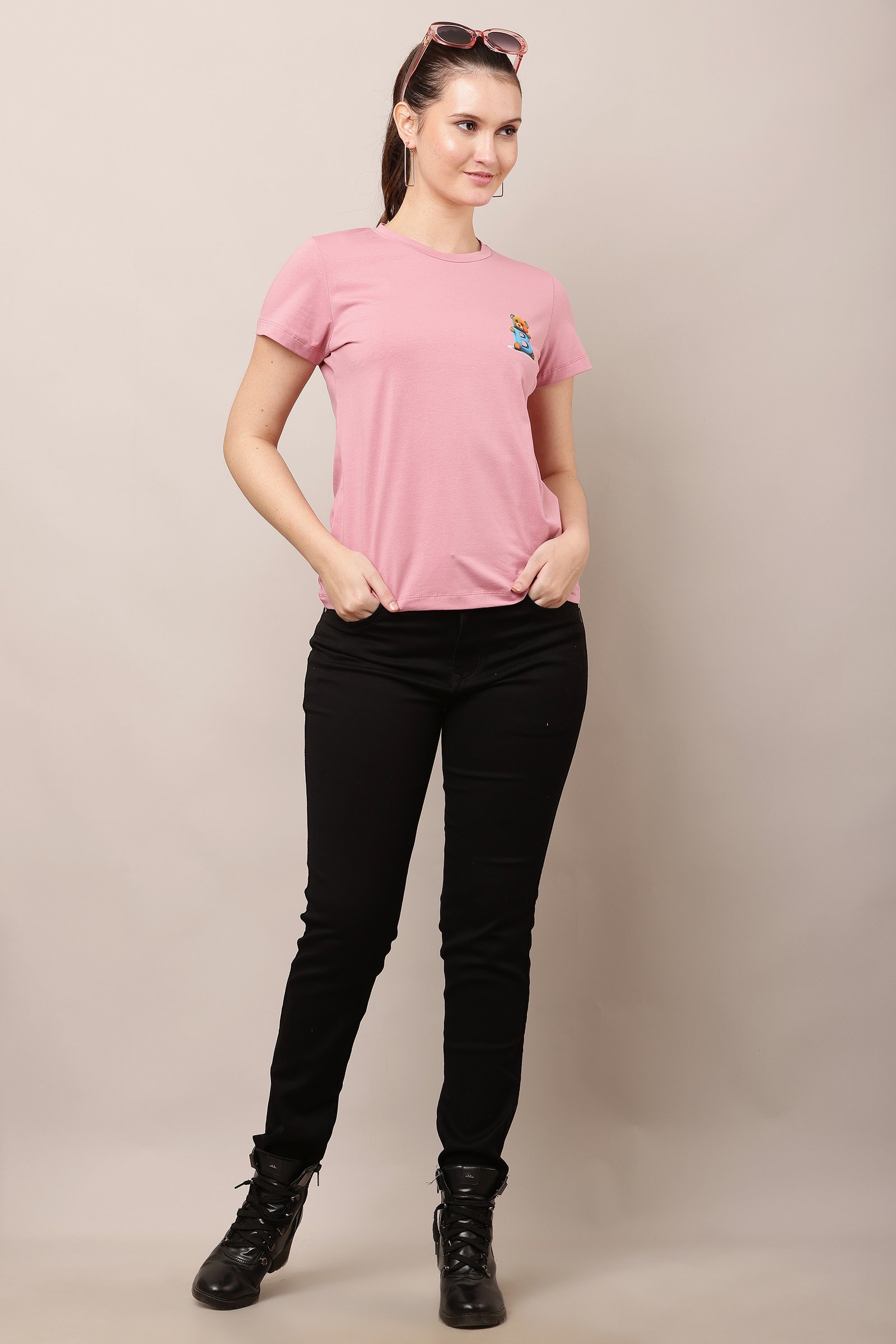 Women's Cotton pink Lycra 4-Way Stretch T-Shirt PINK