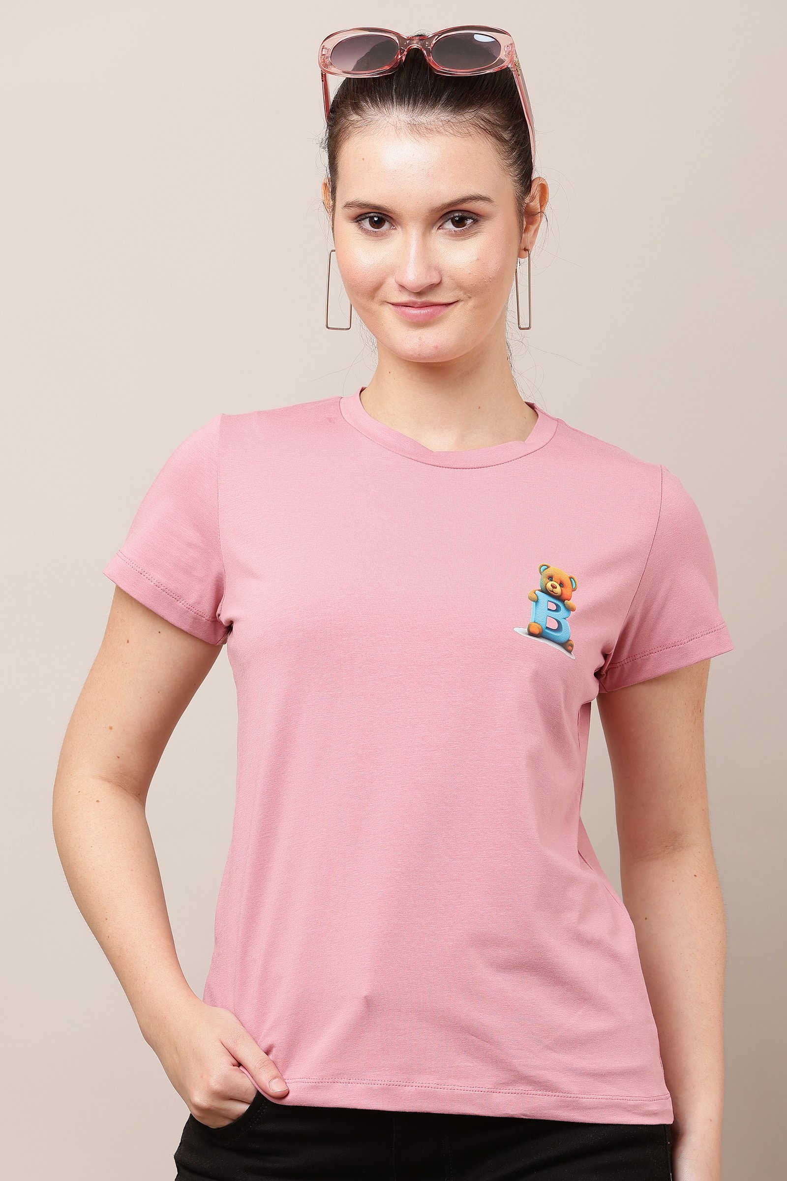 Women's Cotton pink Lycra 4-Way Stretch T-Shirt PINK