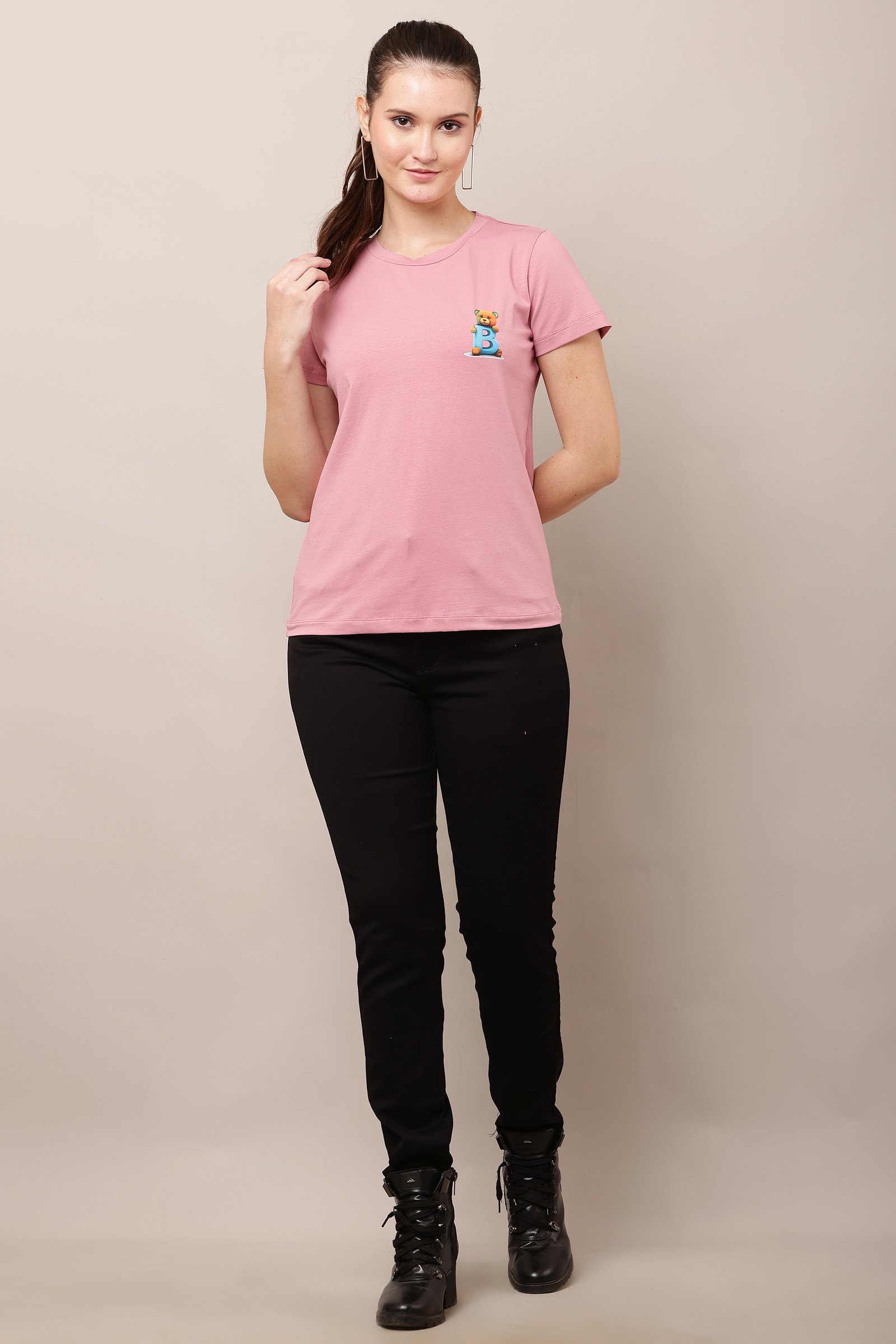 Women's Cotton pink Lycra 4-Way Stretch T-Shirt PINK