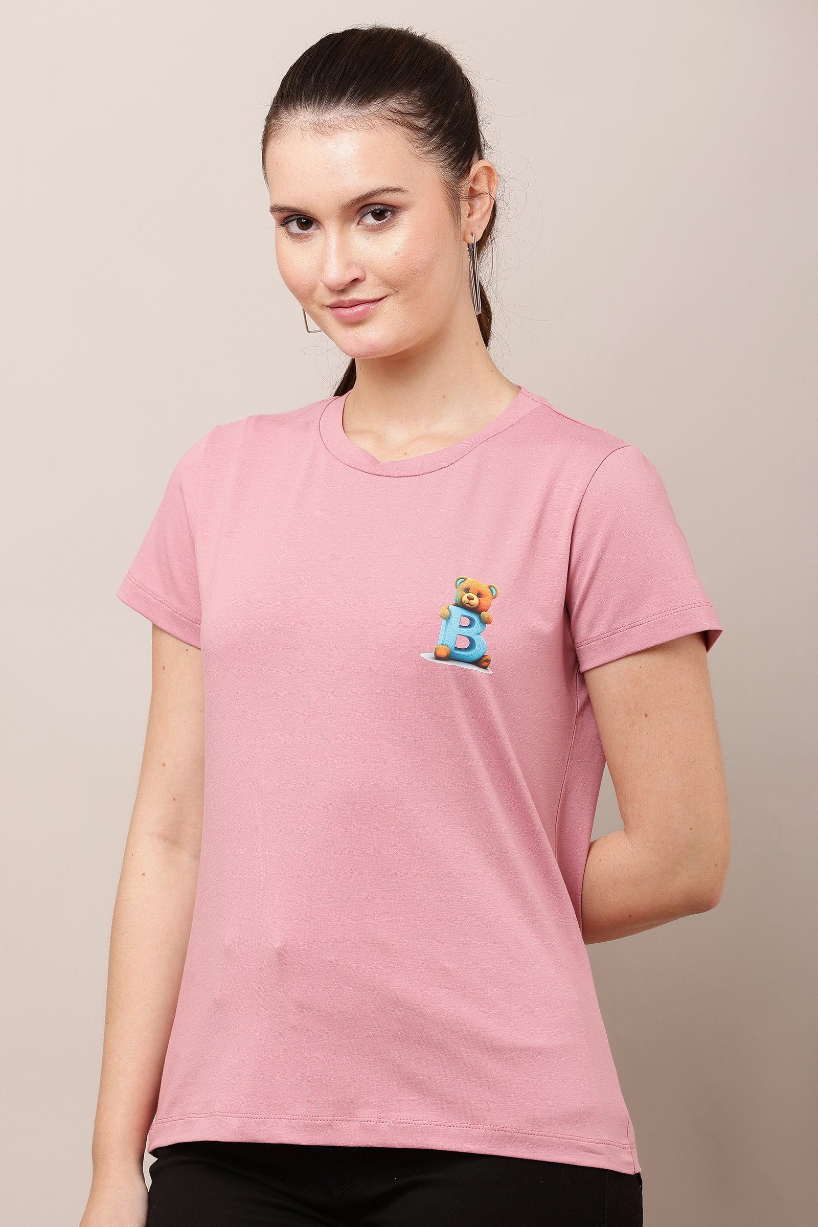 Women's Cotton pink Lycra 4-Way Stretch T-Shirt PINK