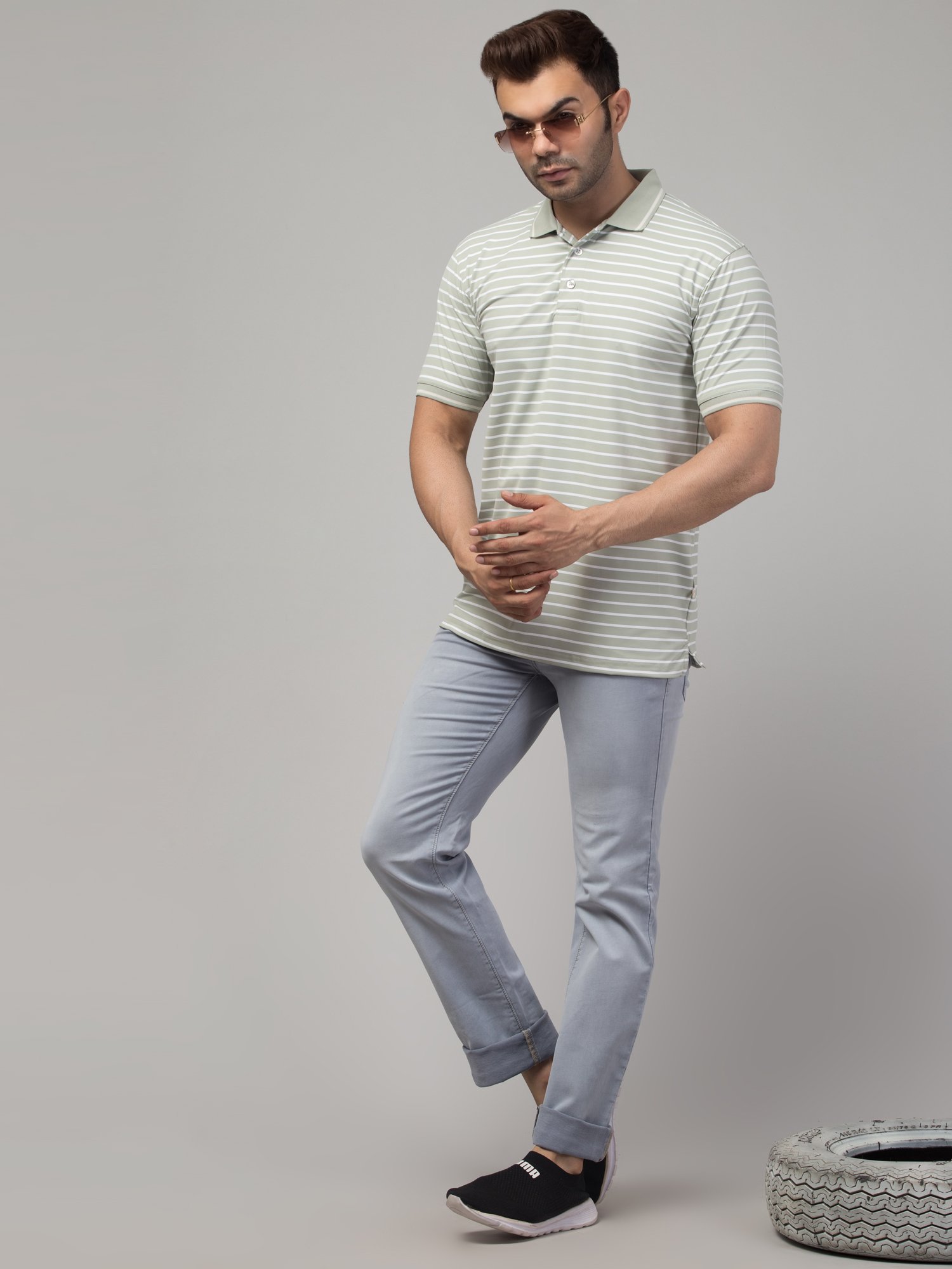 Riptide Striped Men Polo Neck Reversible grey T-Shirt