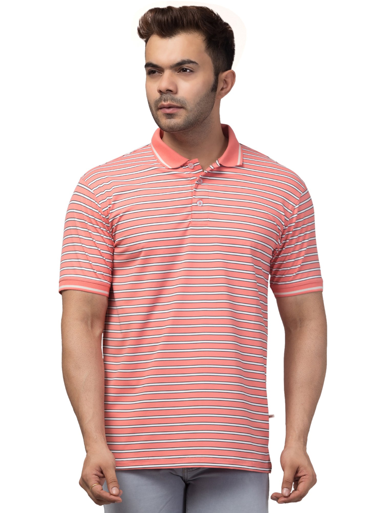 Striped Men Round Neck Reversible pink T-Shirt