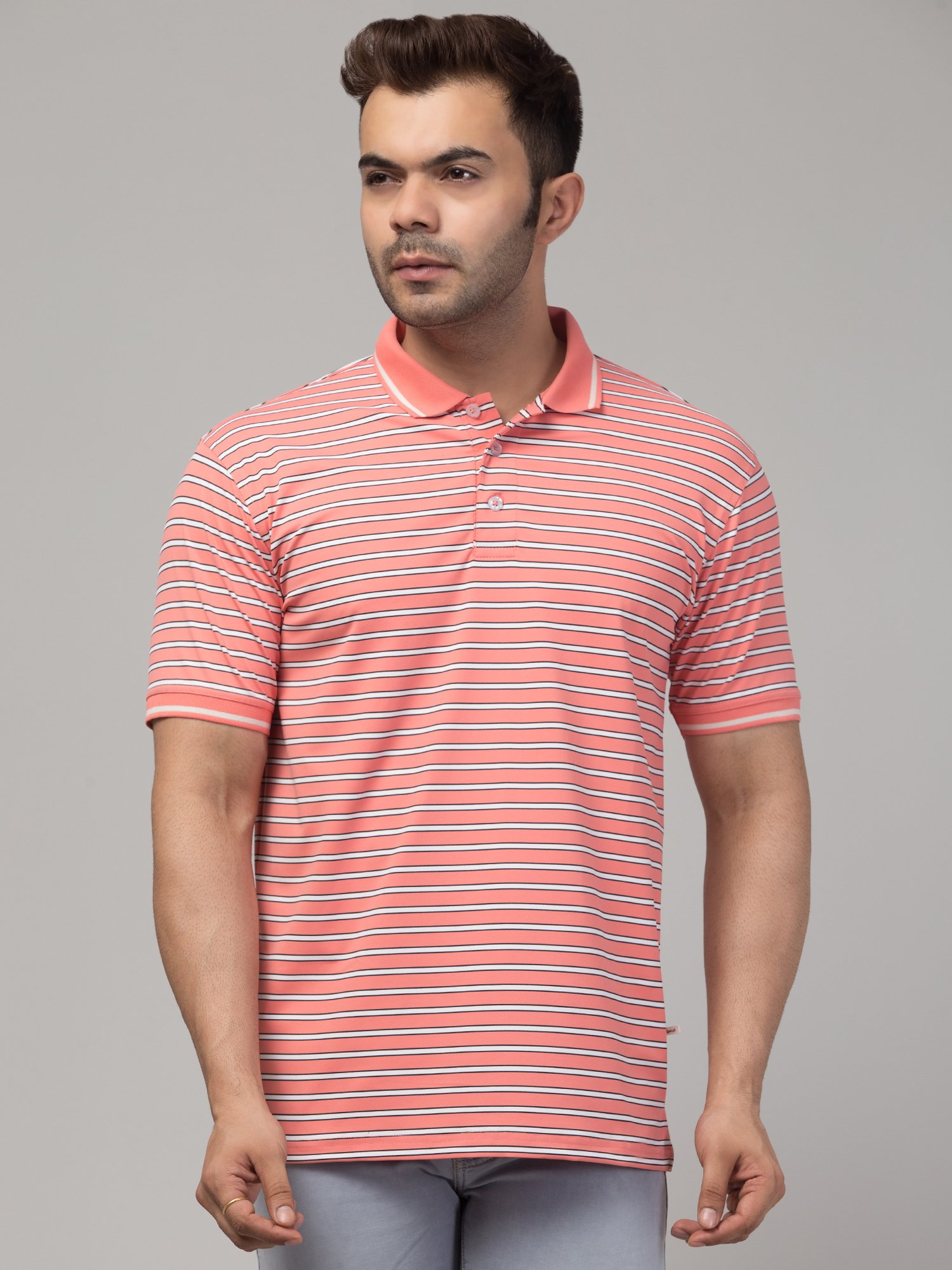 Striped Men Round Neck Reversible pink T-Shirt