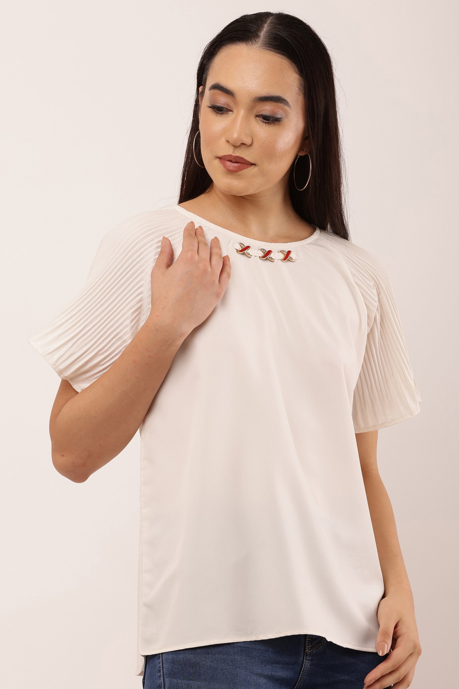 Women Stylish Poly Crepe Top OFF WHITE